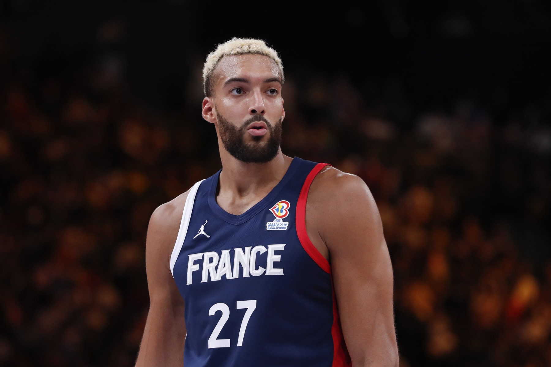 PARIS, FRANCE - AUGUST 24: Rudy Gobert #27 of France looks on during the FIBA Basketball World Cup European Qualifiers match between France and Czech Republic at Accor Arena on August 24, 2022 in Paris, France. (Photo by Catherine Steenkeste/Getty Images)