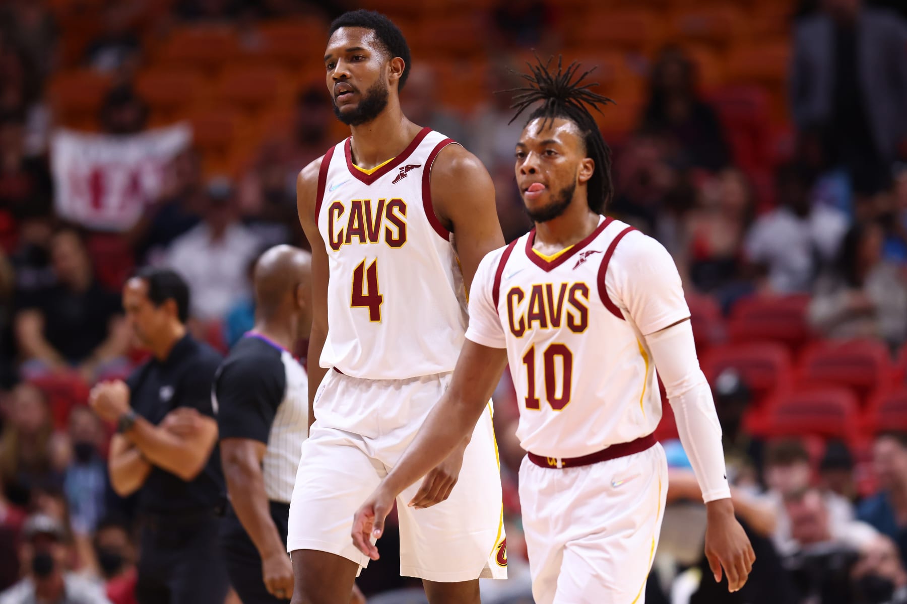 MIAMI, FLORIDA - MARCH 11: Evan Mobley #4 and Darius Garland #10 of the Cleveland Cavaliers look on against the Miami Heat during the first half at FTX Arena on March 11, 2022 in Miami, Florida. NOTE TO USER: User expressly acknowledges and agrees that, by downloading and or using this photograph, User is consenting to the terms and conditions of the Getty Images License Agreement. (Photo by Michael Reaves/Getty Images)