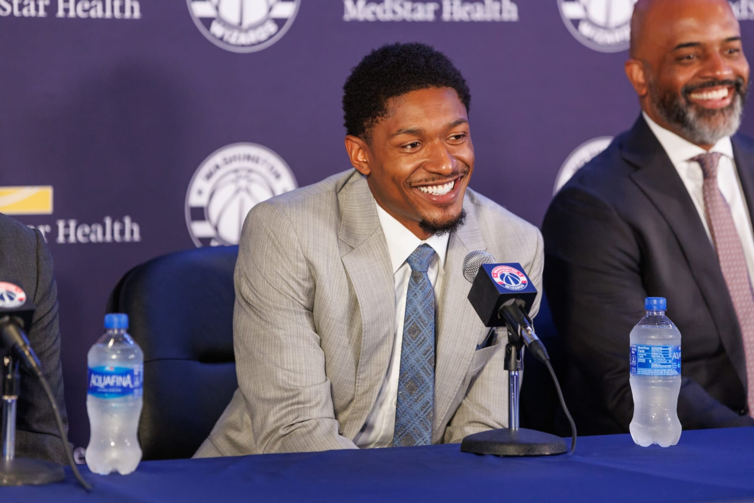 WASHINGTON, DC -  JULY 8: Bradley Beal #3 of the Washington Wizards talks to the media during press conference on July 8, 2022 at Capital One Arena in Washington, DC. NOTE TO USER: User expressly acknowledges and agrees that, by downloading and or using this Photograph, user is consenting to the terms and conditions of the Getty Images License Agreement. Mandatory Copyright Notice: Copyright 2022 NBAE (Photo by Avi Gerver/NBAE via Getty Images)