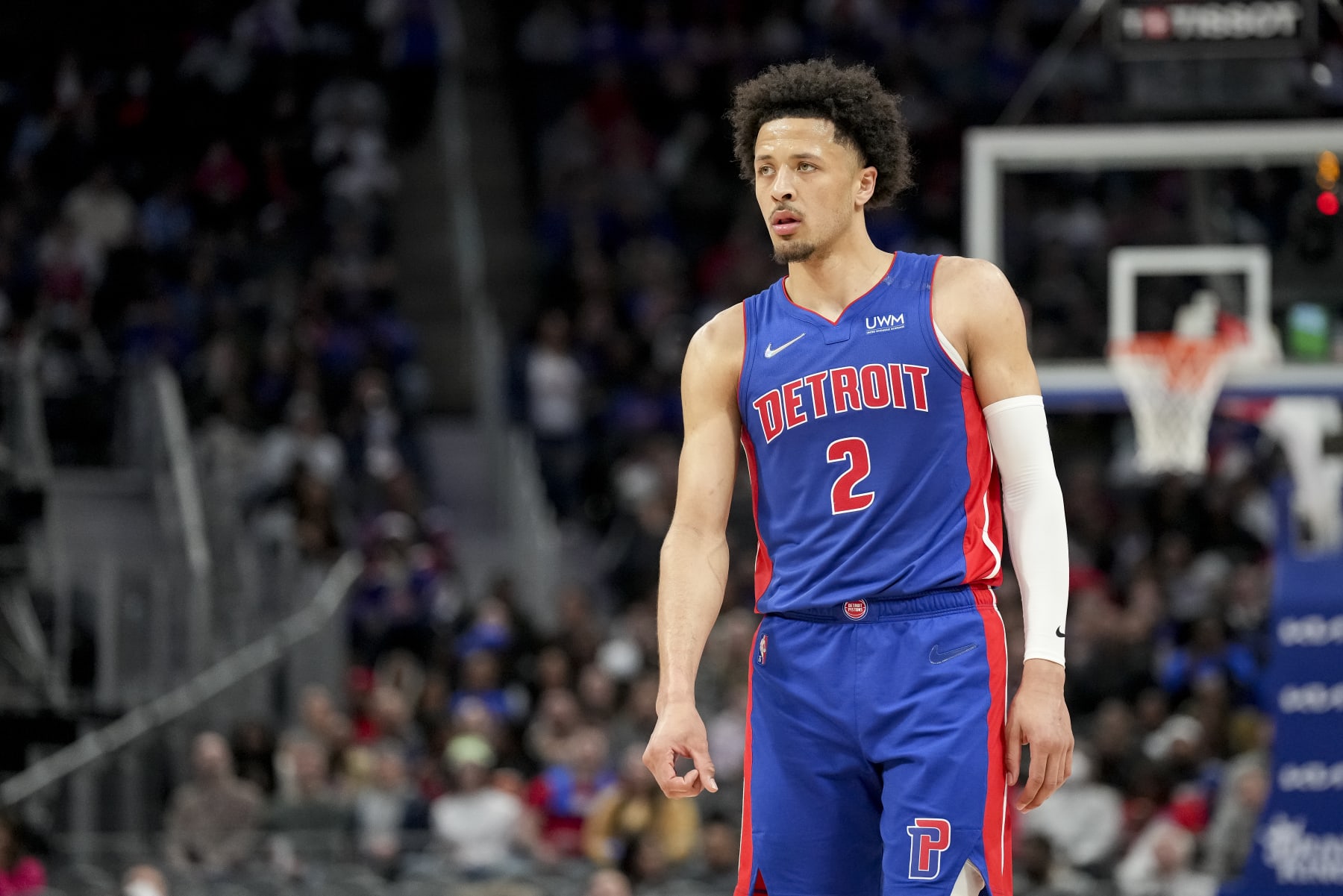 DETROIT, MICHIGAN - APRIL 08: Cade Cunningham #2 of the Detroit Pistons looks on against the Milwaukee Bucks during the third quarter at Little Caesars Arena on April 08, 2022 in Detroit, Michigan. NOTE TO USER: User expressly acknowledges and agrees that, by downloading and or using this photograph, User is consenting to the terms and conditions of the Getty Images License Agreement. (Photo by Nic Antaya/Getty Images)