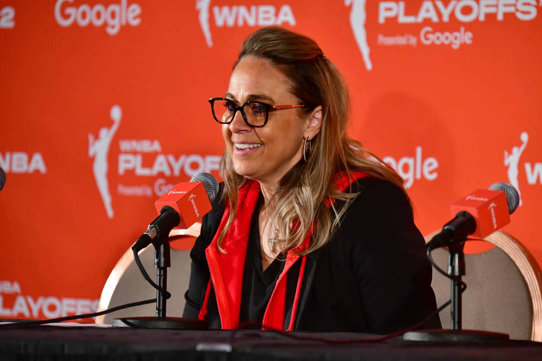 LAS VEGAS, NV - AUGUST 20: Head Coach Becky Hammon of the Las Vegas Aces talks to the media after Round 1 Game 2 of the 2022 WNBA Playoffs on August 20, 2022 at Michelob ULTRA Arena in Las Vegas, Nevada. NOTE TO USER: User expressly acknowledges and agrees that, by downloading and or using this photograph, user is consenting to the terms and conditions of the Getty Images License Agreement. Mandatory Copyright Notice: Copyright 2022 NBAE (Photo by Barry Gossage/NBAE via Getty Images)