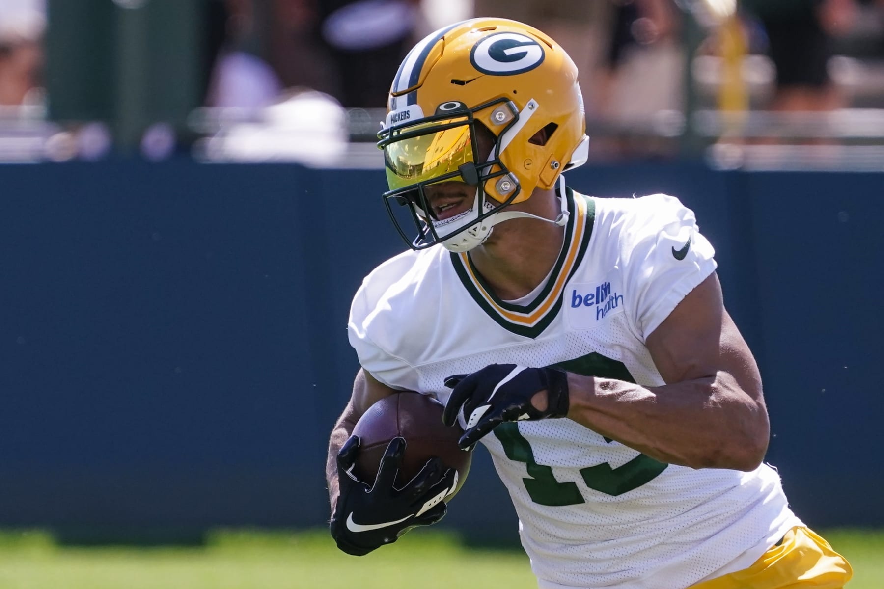 Green Bay Packers' Allen Lazard runs a drill at the NFL football team's practice field Saturday, July 30, 2022, in Green Bay, Wis. (AP Photo/Morry Gash)