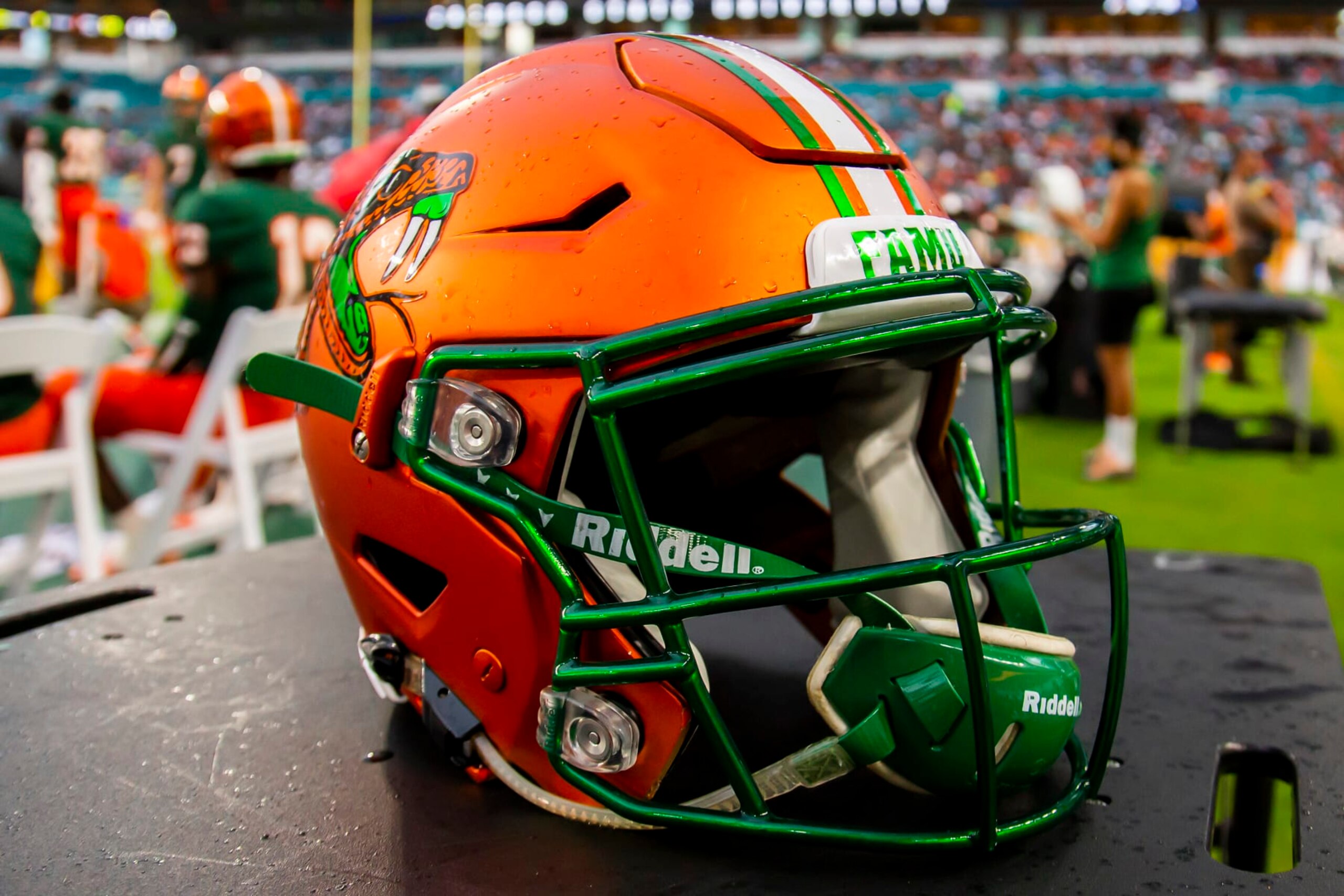 MIAMI GARDENS, FL - SEPTEMBER 05: A FAMU helmet sits atop a table during the Orange Blossom Classic game between the Florida A&M Rattlers and the Jackson State Tigers on Sunday September 5th, 2021 at Hard Rock Stadium in Miami Gardens, FL.  (Photo by Nick Tre. Smith/Icon Sportswire via Getty Images)