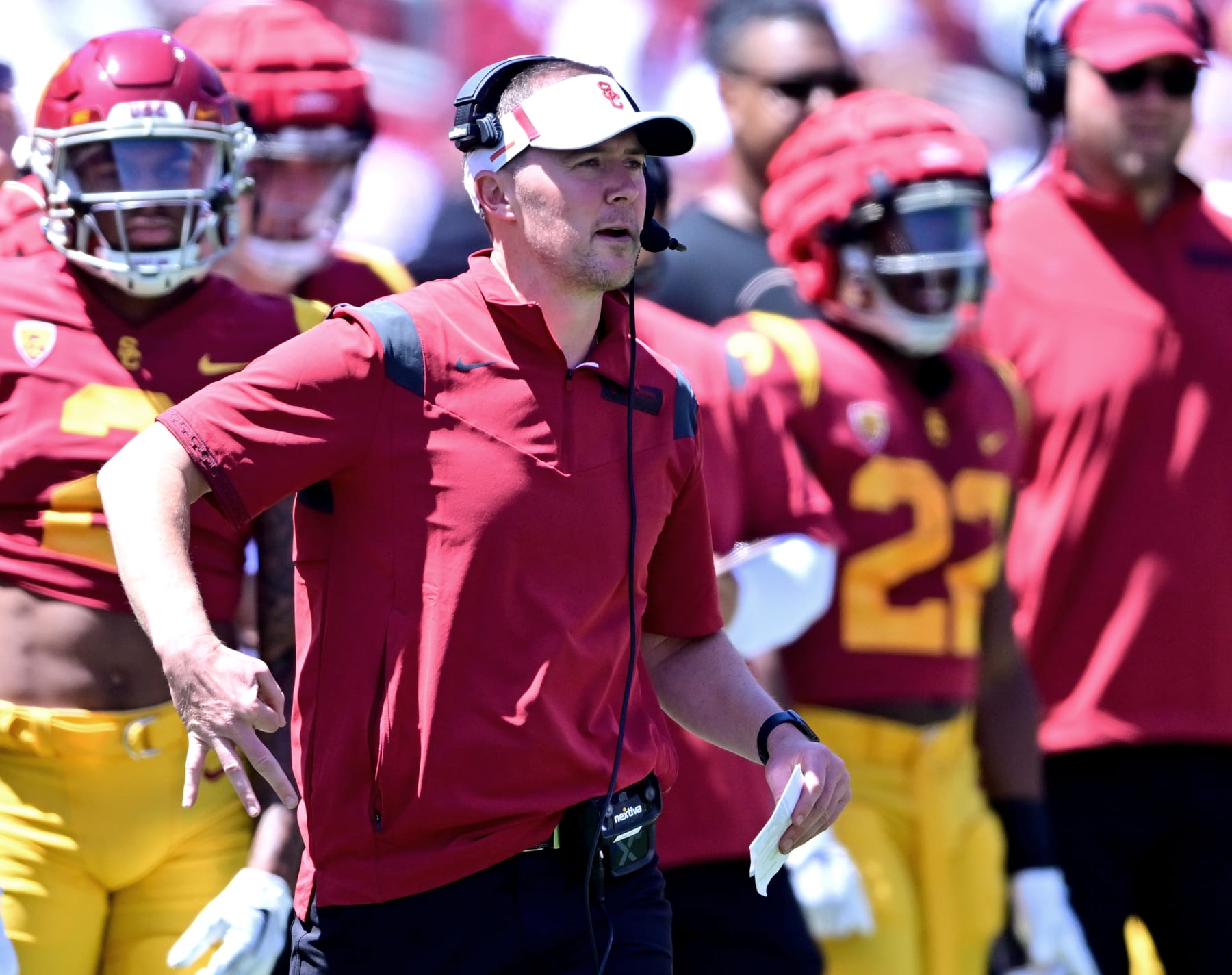 LOS ANGELES, CA - APRIL 23: Head coach Lincoln Riley of the USC Trojans calls a play during the 2022 USC Spring Football game at Los Angeles Memorial Coliseum on April 23, 2022 in Los Angeles, California. (Photo by Jayne Kamin-Oncea/Getty Images)