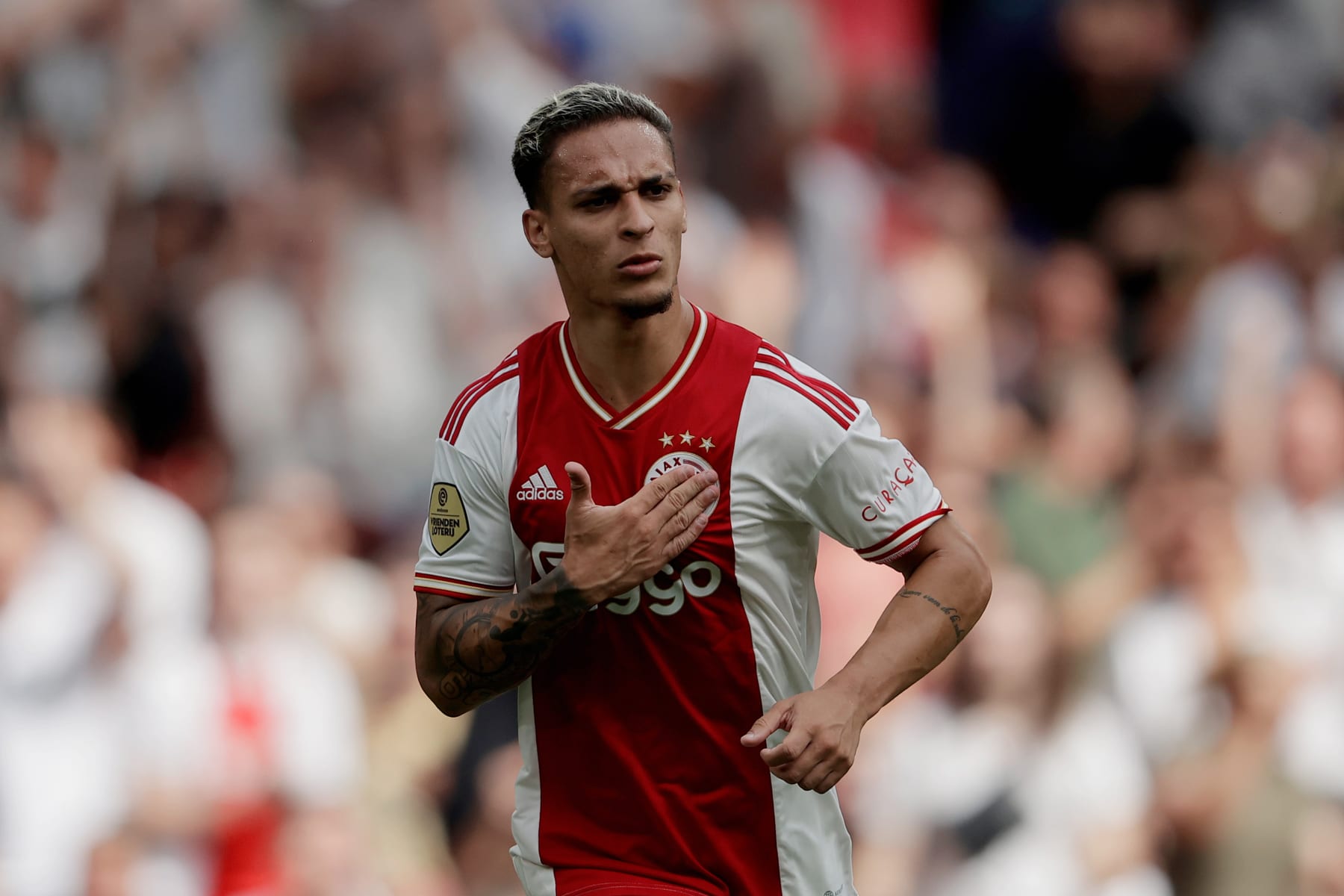 AMSTERDAM, NETHERLANDS - AUGUST 14: Antony of Ajax celebrates his 2-1 during the Dutch Eredivisie  match between Ajax v FC Groningen at the Johan Cruijff Arena on August 14, 2022 in Amsterdam Netherlands (Photo by Rico Brouwer/Soccrates/Getty Images)