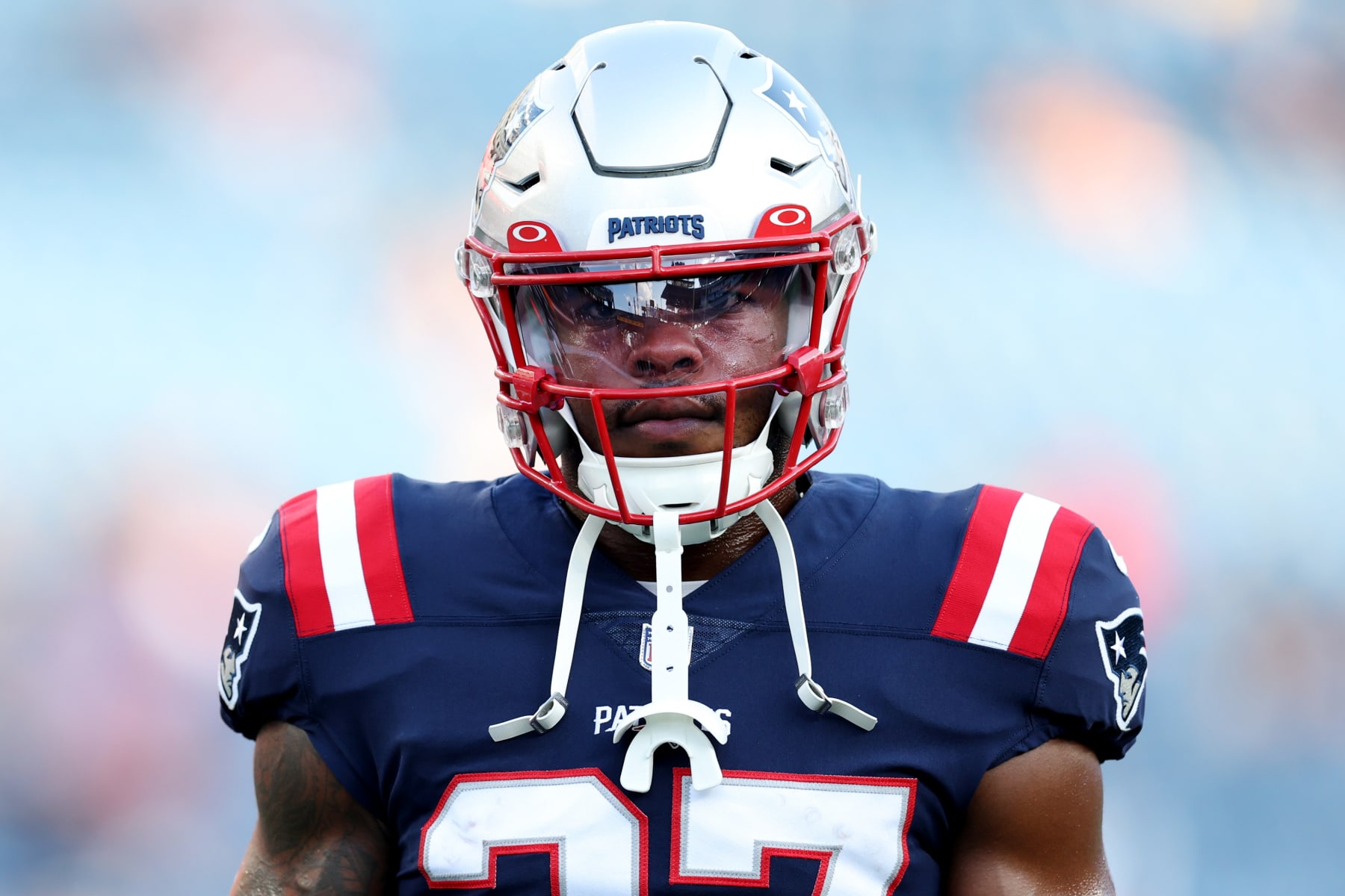 FOXBOROUGH, MASSACHUSETTS - AUGUST 19: Damien Harris #37 of the New England Patriots looks on during the preseason game between the New England Patriots and the Carolina Panthers at Gillette Stadium on August 19, 2022 in Foxborough, Massachusetts. (Photo by Maddie Meyer/Getty Images)