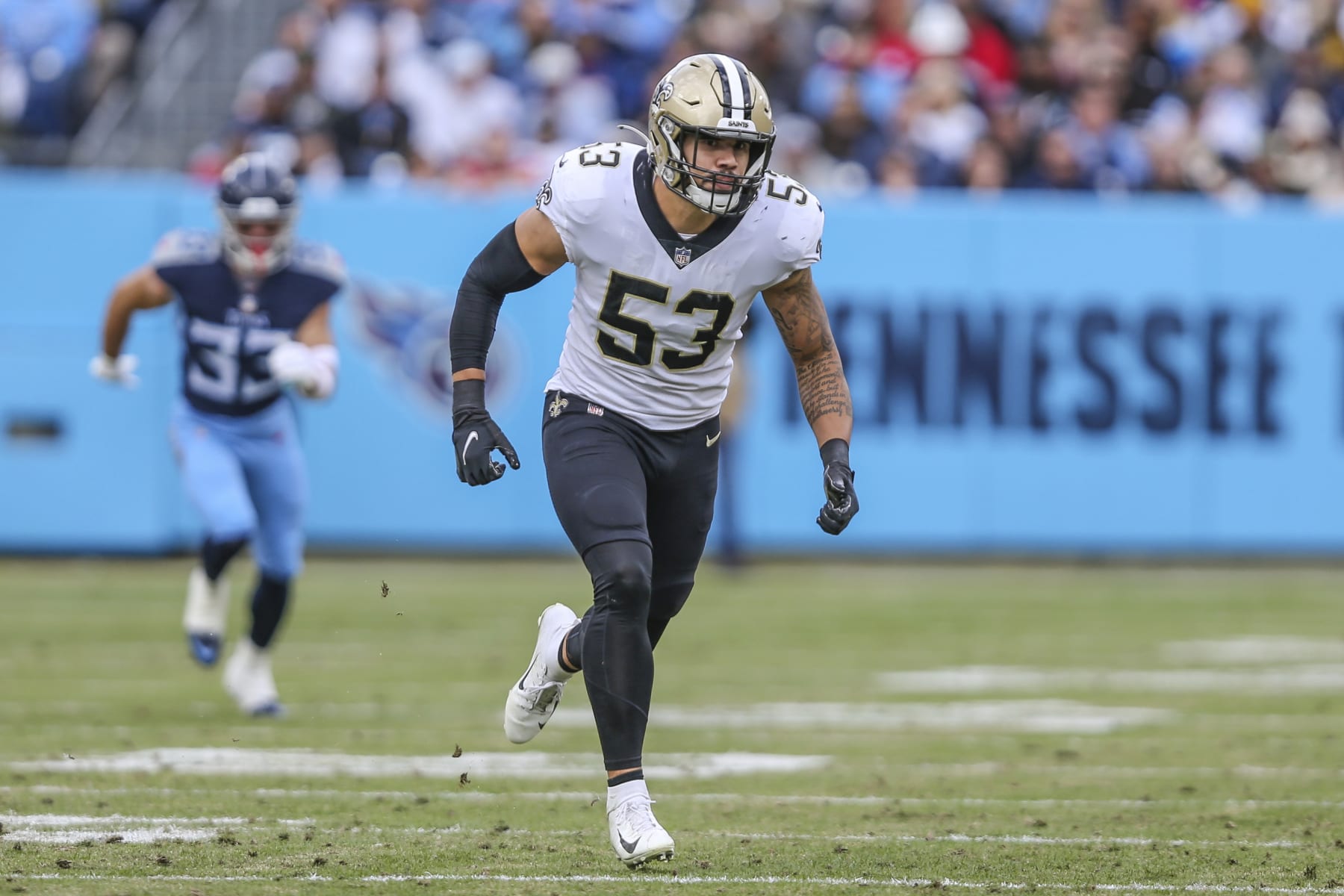 New Orleans Saints linebacker Zack Baun (53) runs to the ball during an NFL football game against the Titans in Nashville, Tenn., Sunday, Nov. 14, 2021. (AP Photo/Gary McCullough)
