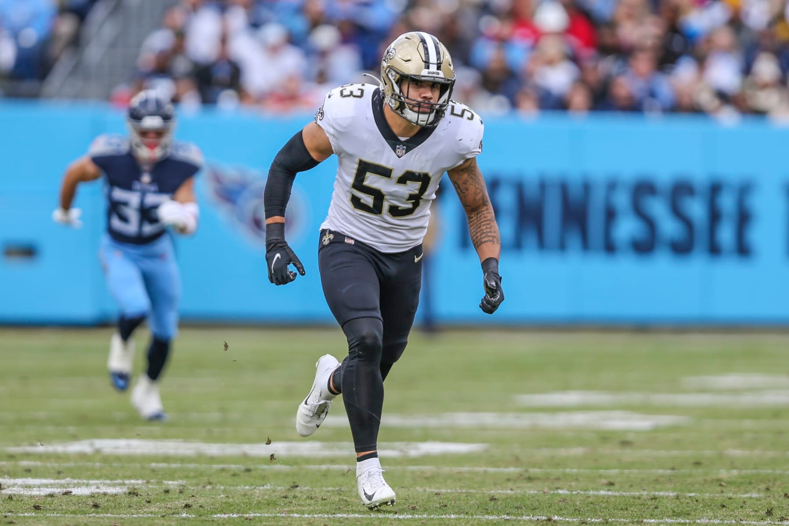 New Orleans Saints linebacker Zack Baun (53) runs to the ball during an NFL football game against the Titans in Nashville, Tenn., Sunday, Nov. 14, 2021. (AP Photo/Gary McCullough)