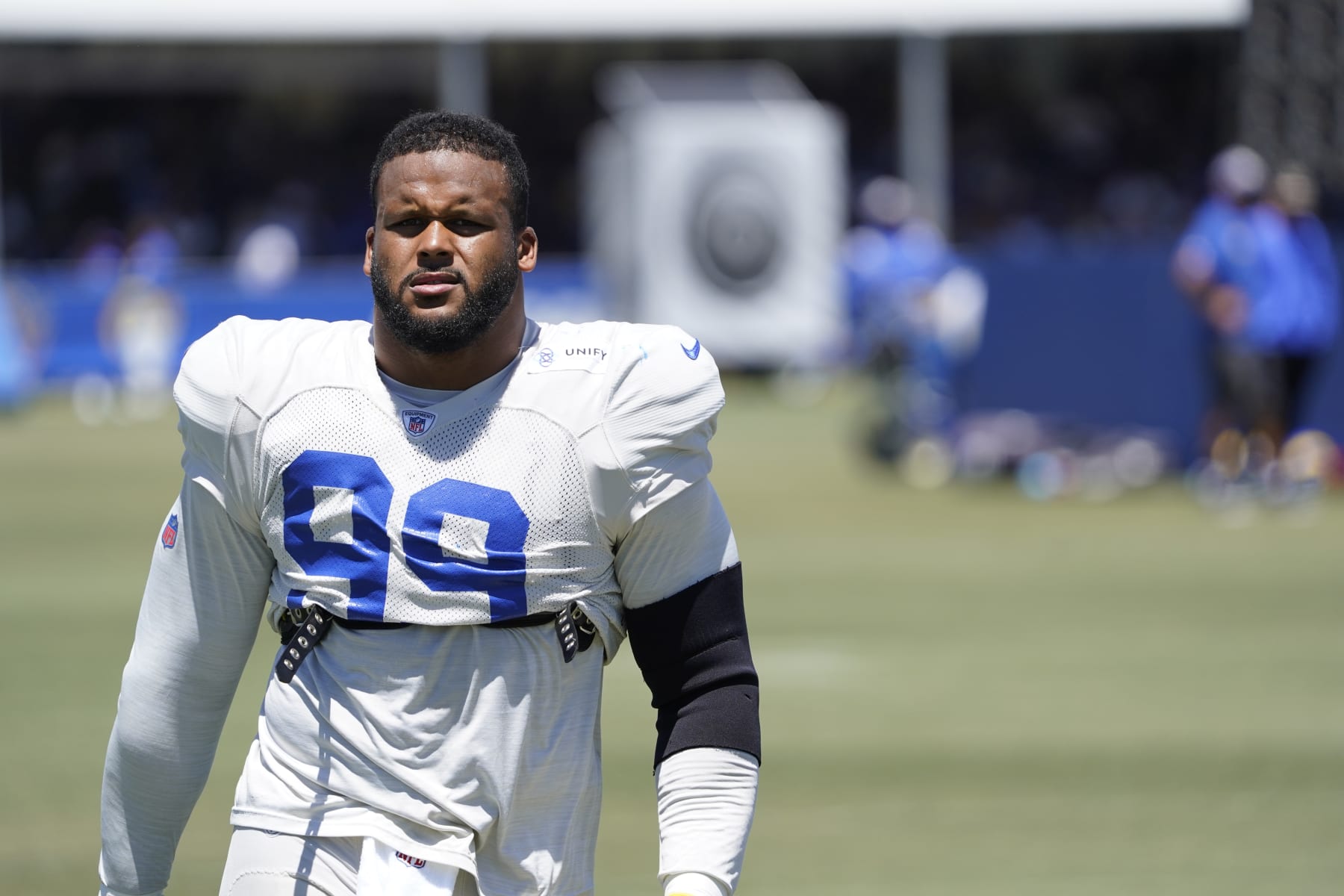 IRVINE, CA - AUGUST 06:  Aaron Donald #99 of the Rams works out during the Los Angeles Rams Training Camp on August 06, 2022, at UC Irvine in Irvine, CA. (Photo by Icon Sportswire)