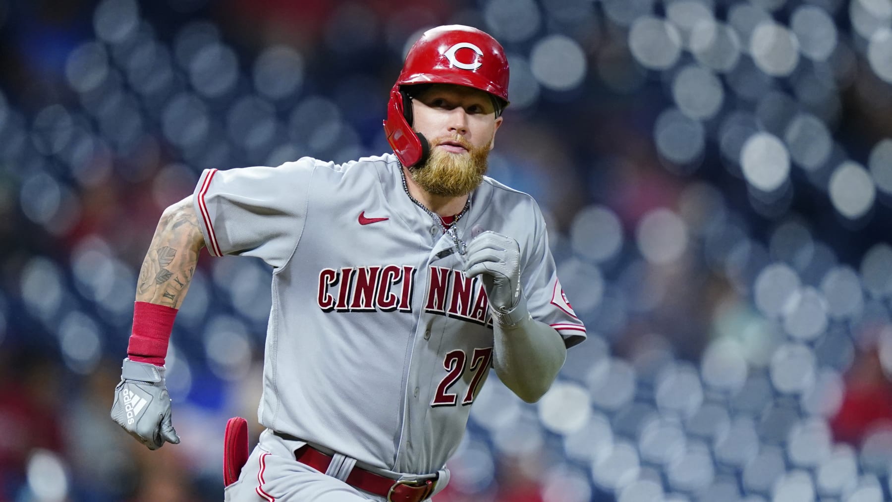 Cincinnati Reds' Jake Fraley plays during a baseball game, Monday, Aug. 22, 2022, in Philadelphia. (AP Photo/Matt Slocum)
