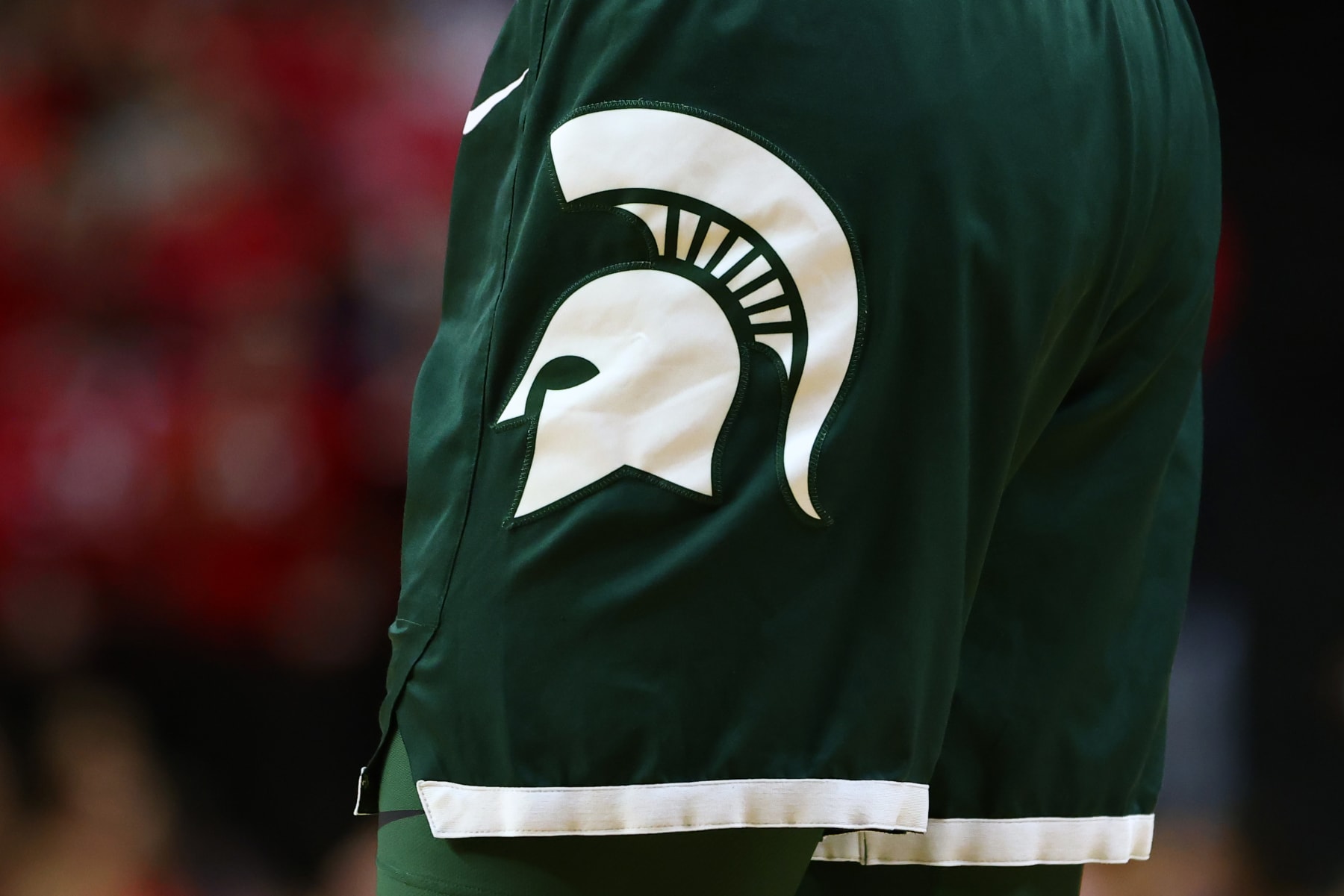 PISCATAWAY, NJ - FEBRUARY 05: Detail of the side panel logo on the uniform shorts worn by the Michigan State Spartans during a game against the Rutgers Scarlet Knights at Jersey Mike's Arena on February 5, 2022 in Piscataway, New Jersey. Rutgers defeated Michigan State 84-63. (Photo by Rich Schultz/Getty Images)