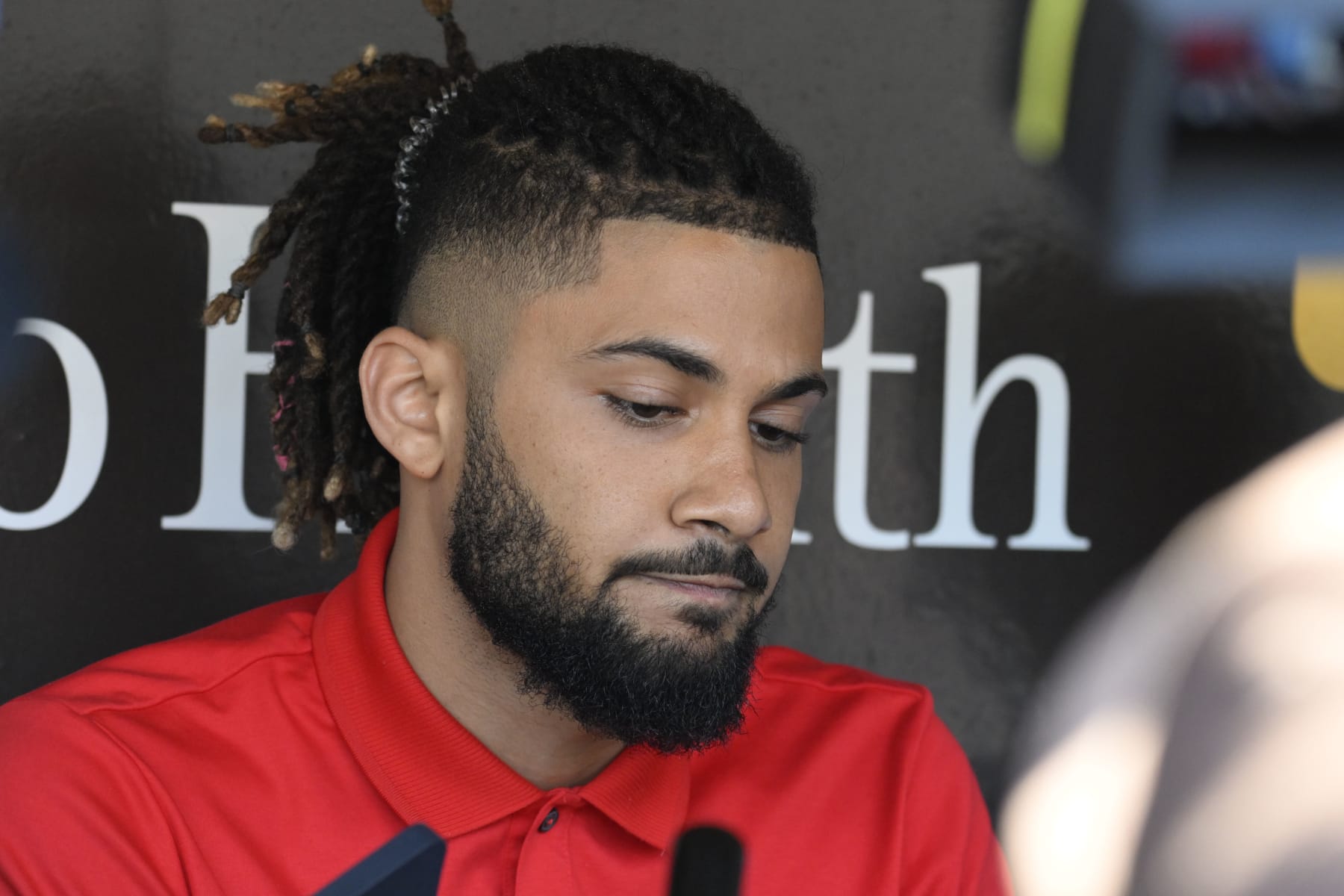 SAN DIEGO, CA - AUGUST 23: Fernando Tatis Jr. #23 of the San Diego Padres listens to a question during a news conference before a game against the Cleveland Guardians August 23, 2022 at Petco Park in San Diego, California. (Photo by Denis Poroy/Getty Images)