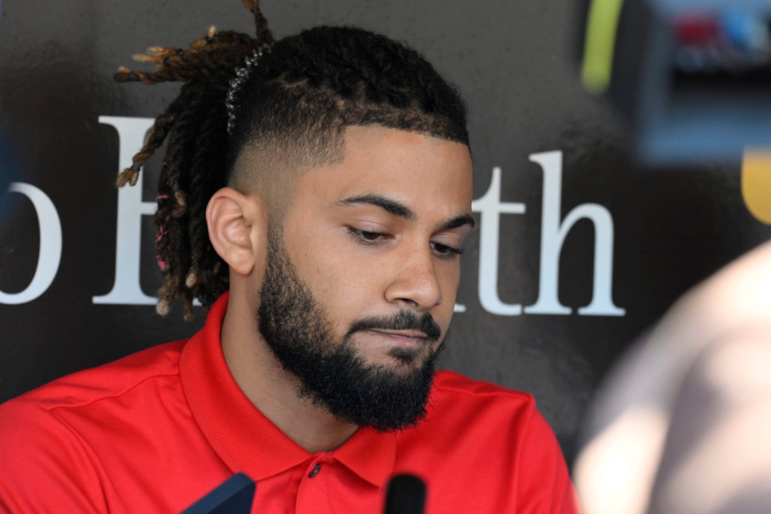 SAN DIEGO, CA - AUGUST 23: Fernando Tatis Jr. #23 of the San Diego Padres listens to a question during a news conference before a game against the Cleveland Guardians August 23, 2022 at Petco Park in San Diego, California. (Photo by Denis Poroy/Getty Images)