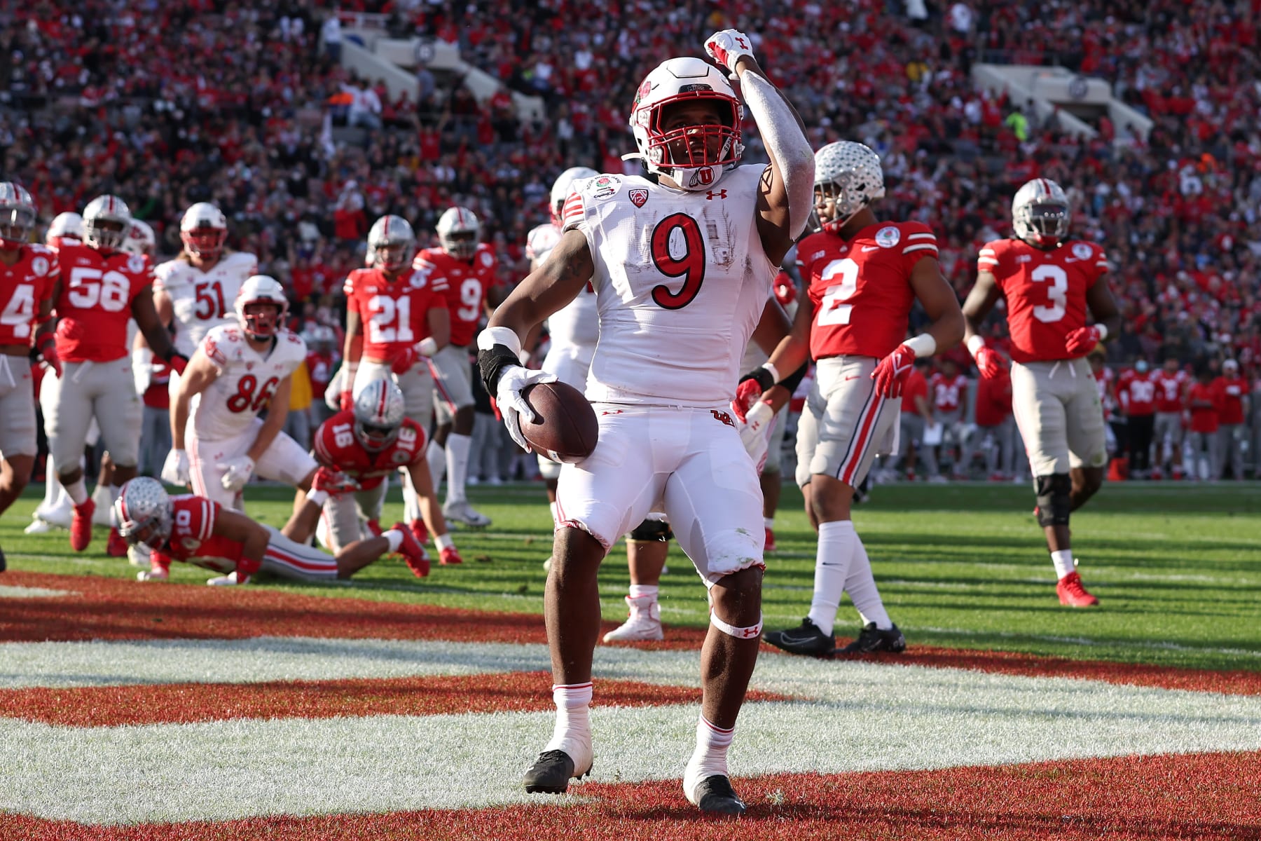 PASADENA, CALIFORNIA - JANUARY 01: Tavion Thomas #9 of the Utah Utes celebrates after scoring a rushing touchdown against the Ohio State Buckeyes during the second quarter in the Rose Bowl Game at Rose Bowl Stadium on January 01, 2022 in Pasadena, California. (Photo by Sean M. Haffey/Getty Images)