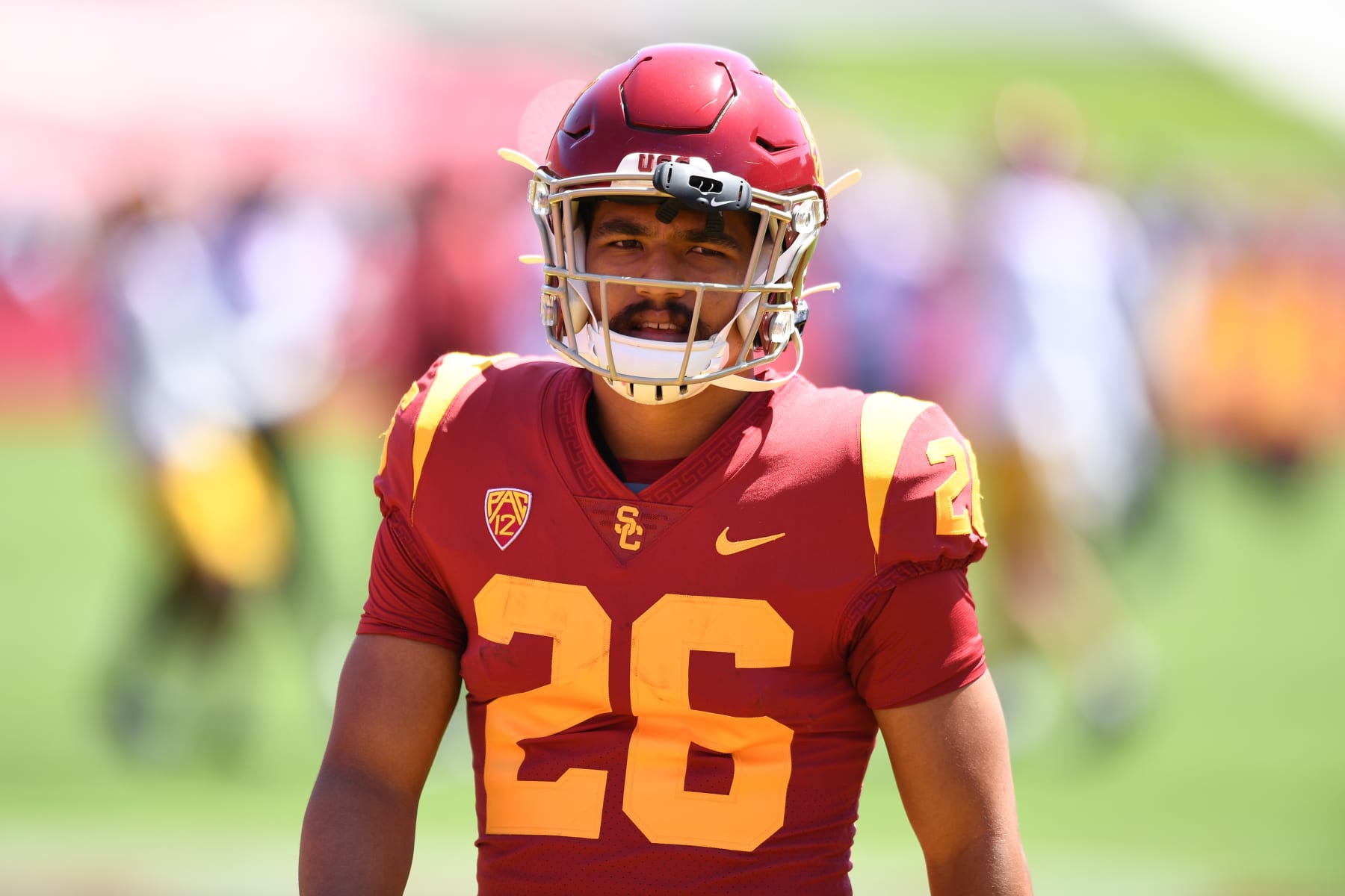 LOS ANGELES, CA - APRIL 23: USC Trojans running back Travis Dye (26) warms up before USC Trojans Spring Game on April 23, 2022, at Los Angeles Memorial Coliseum in Los Angeles, CA. (Photo by Brian Rothmuller/Icon Sportswire via Getty Images)