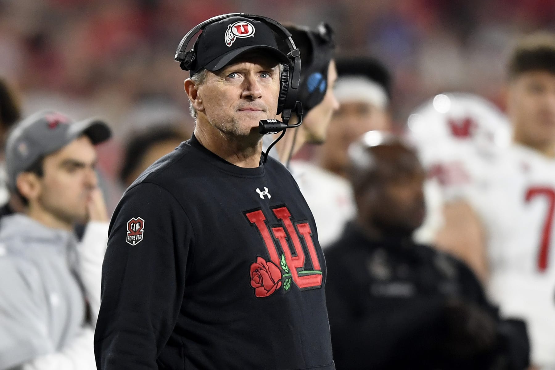 PASADENA, CALIFORNIA - JANUARY 01: Head coach Kyle Whittingham of the Utah Utes looks on during the fourth quarter against the Ohio State Buckeyes in the Rose Bowl Game at Rose Bowl Stadium on January 01, 2022 in Pasadena, California. (Photo by Kevork Djansezian/Getty Images)