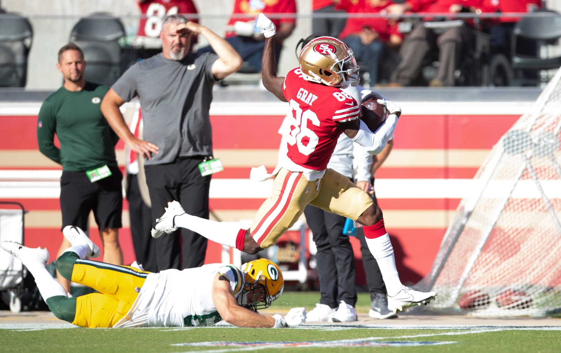SANTA CLARA, CA - AUGUST 12: Danny Gray #86 of the San Francisco 49ers makes a catch and runs for a 76-yard touchdown during the game against the Green Bay Packers at Levi's Stadium on August 12, 2022 in Santa Clara, California. The 49ers defeated the Packers 28-21. (Photo by Michael Zagaris/San Francisco 49ers/Getty Images)