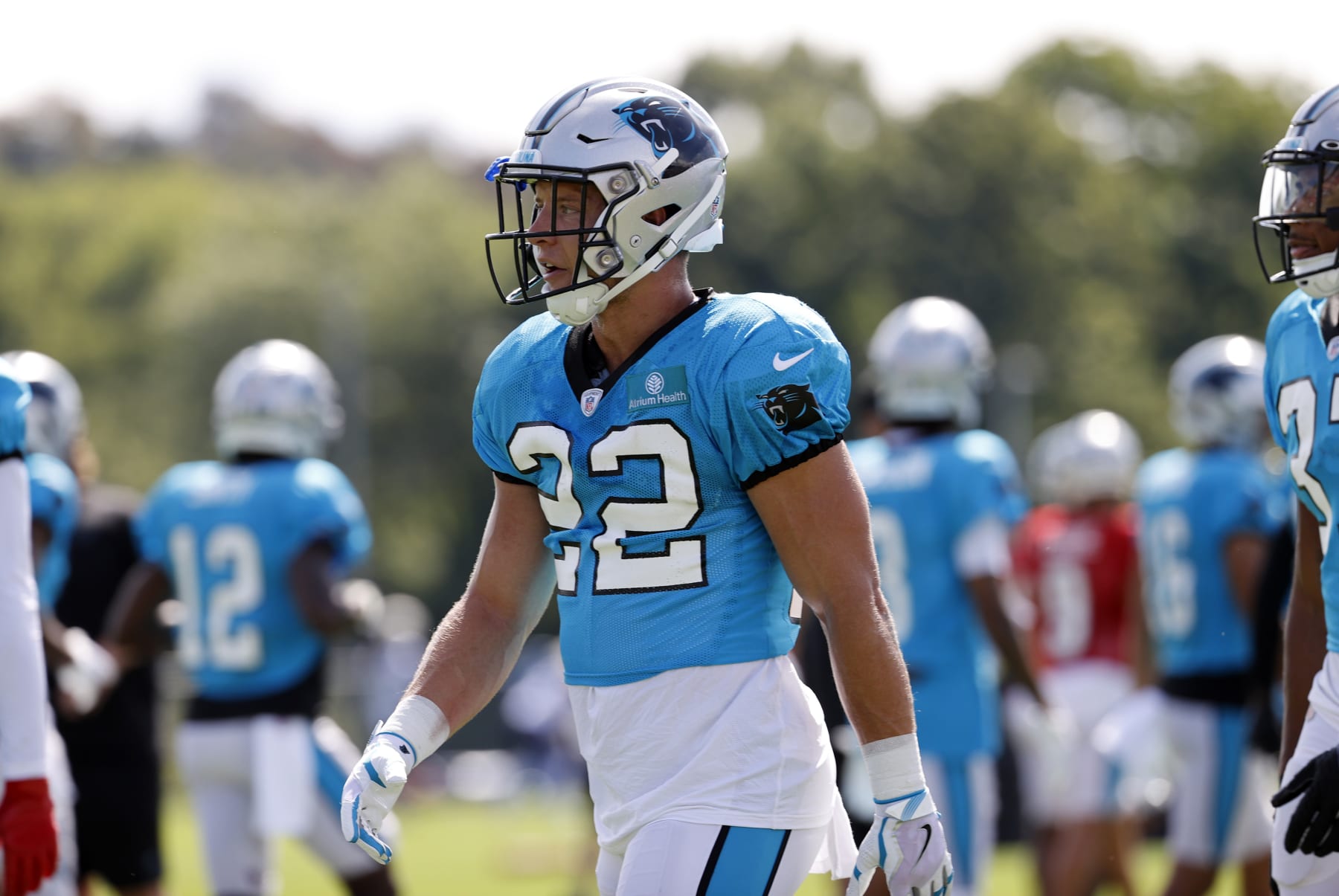FOXBOROUGH, MA - AUGUST 16: Carolina Panthers running back Christian McCaffrey (22) during a joint practice between the New England Patriots and the Carolina Panthers on August 16, 2022, at the Patriots Practice Facility at Gillette Stadium in Foxborough, Massachusetts. (Photo by Fred Kfoury III/Icon Sportswire via Getty Images)