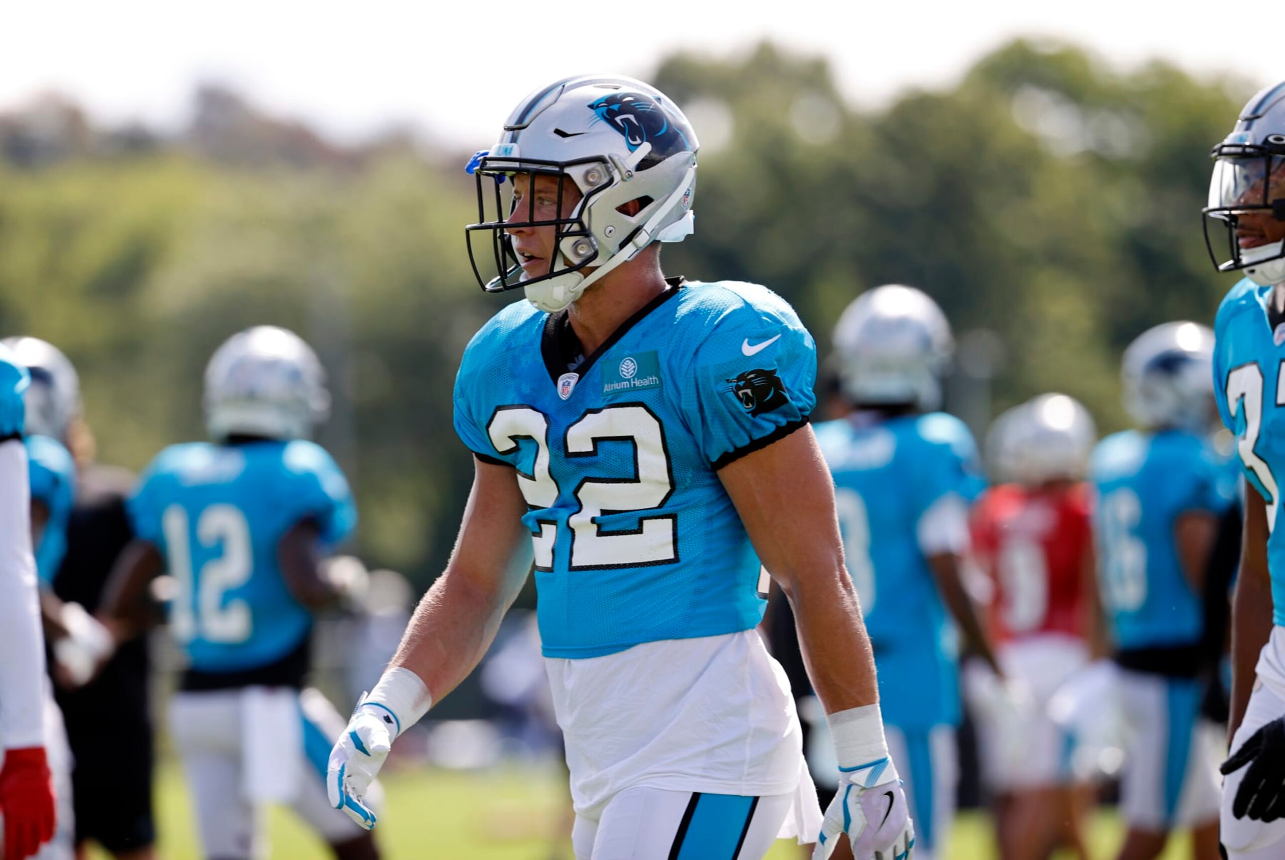 FOXBOROUGH, MA - AUGUST 16: Carolina Panthers running back Christian McCaffrey (22) during a joint practice between the New England Patriots and the Carolina Panthers on August 16, 2022, at the Patriots Practice Facility at Gillette Stadium in Foxborough, Massachusetts. (Photo by Fred Kfoury III/Icon Sportswire via Getty Images) FOXBOROUGH, MA - AUGUST 16: Carolina Panthers running back Christian McCaffrey (22) during a joint practice between the New England Patriots and the Carolina Panthers on August 16, 2022, at the Patriots Practice Facility at Gillette Stadium in Foxborough, Massachusetts. (Photo by Fred Kfoury III/Icon Sportswire via Getty Images)