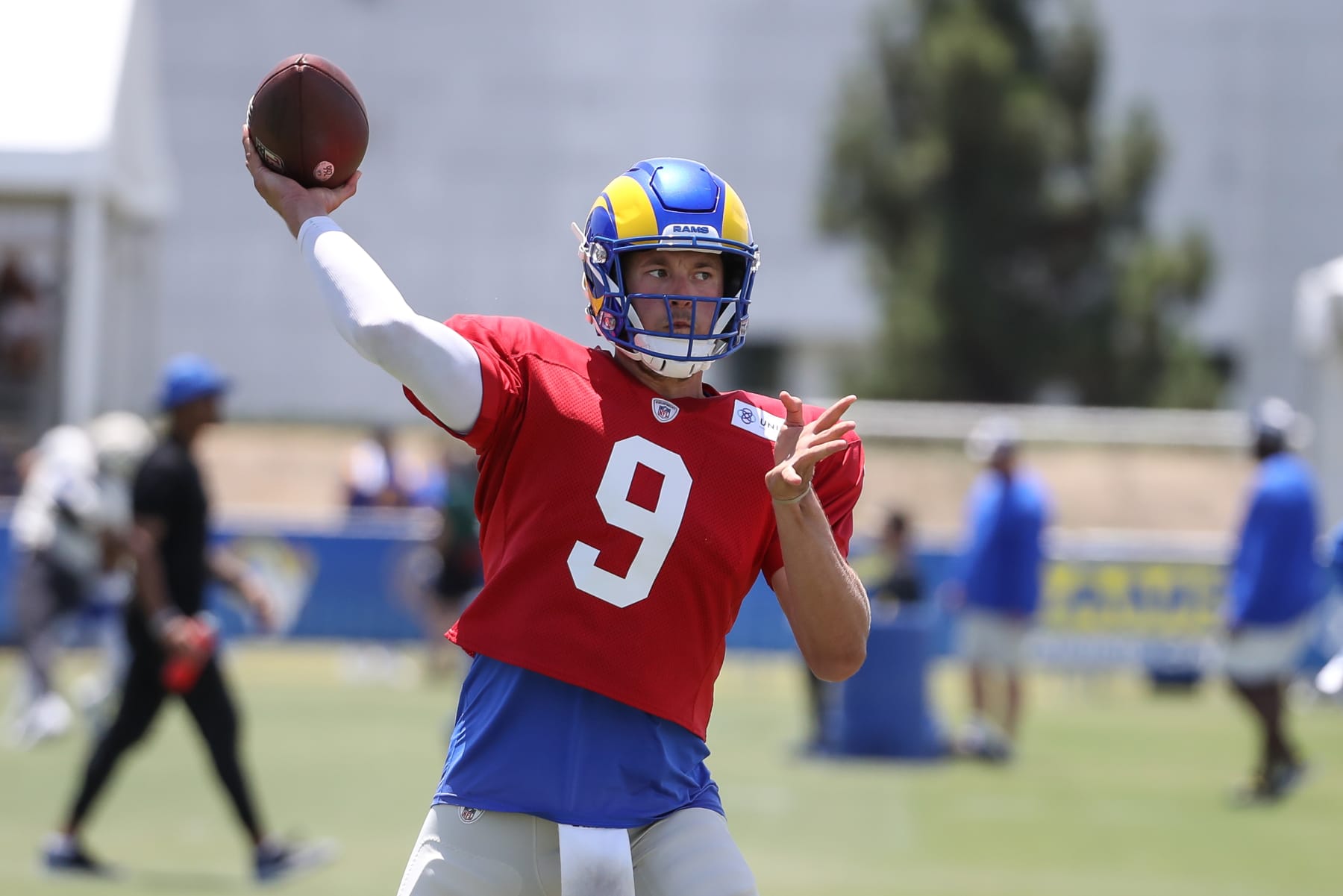 IRVINE, CA - AUGUST 01: Los Angeles Rams quarterback Matthew Stafford (9) during the Los Angeles Rams training camp on August 1, 2022, at UC Irvine in Irvine, CA. (Photo by Jevone Moore/Icon Sportswire via Getty Images)