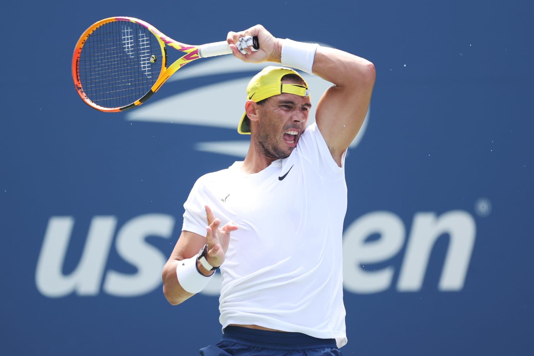 NEW YORK, NEW YORK - AUGUST 26: Rafael Nadal of Spain returns a ball during a practice session before the start of the 2022 US Open at USTA Billie Jean King National Tennis Center on August 26, 2022 in New York City. (Photo by Sarah Stier/Getty Images)