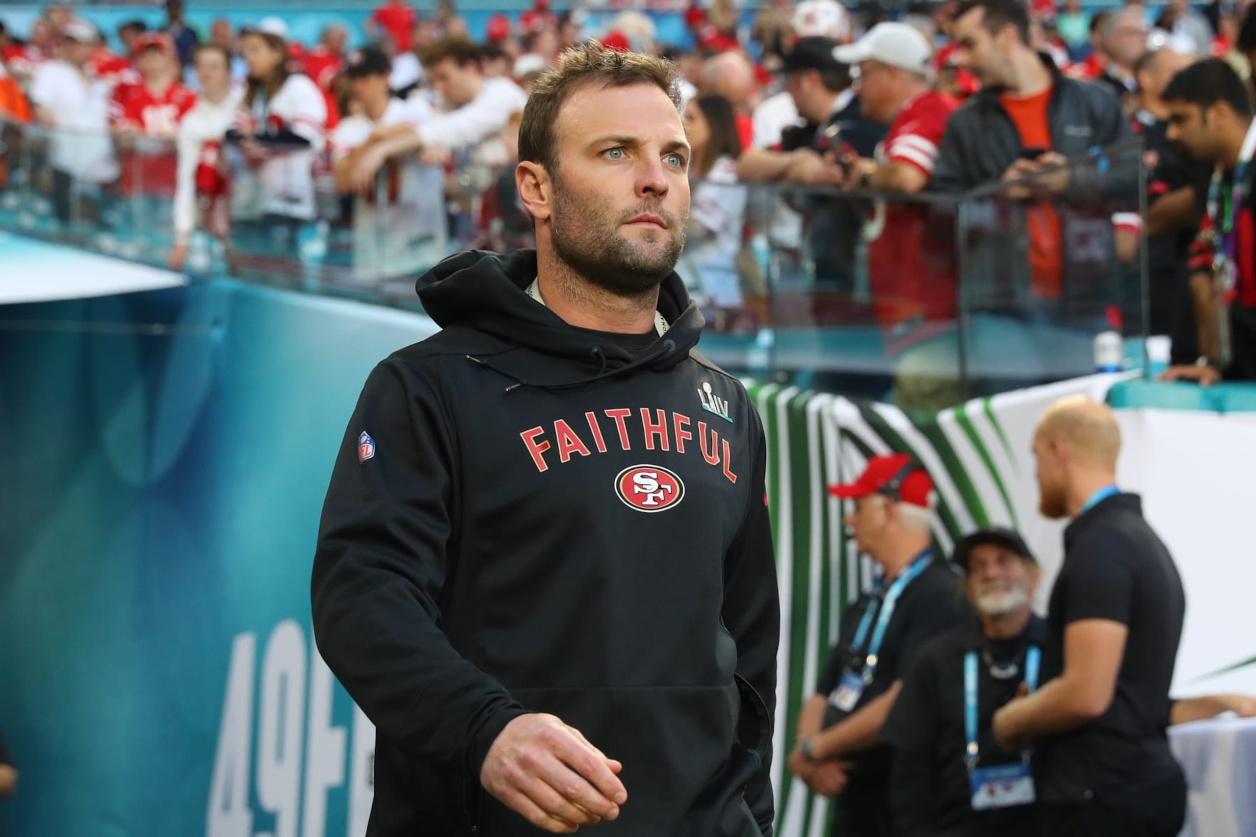 MIAMI, FLORIDA - FEBRUARY 02: Wide receivers coach Wes Welker of the San Francisco 49ers takes the field prior to Super Bowl LIV against the Kansas City Chiefs at Hard Rock Stadium on February 02, 2020 in Miami, Florida. (Photo by Maddie Meyer/Getty Images)