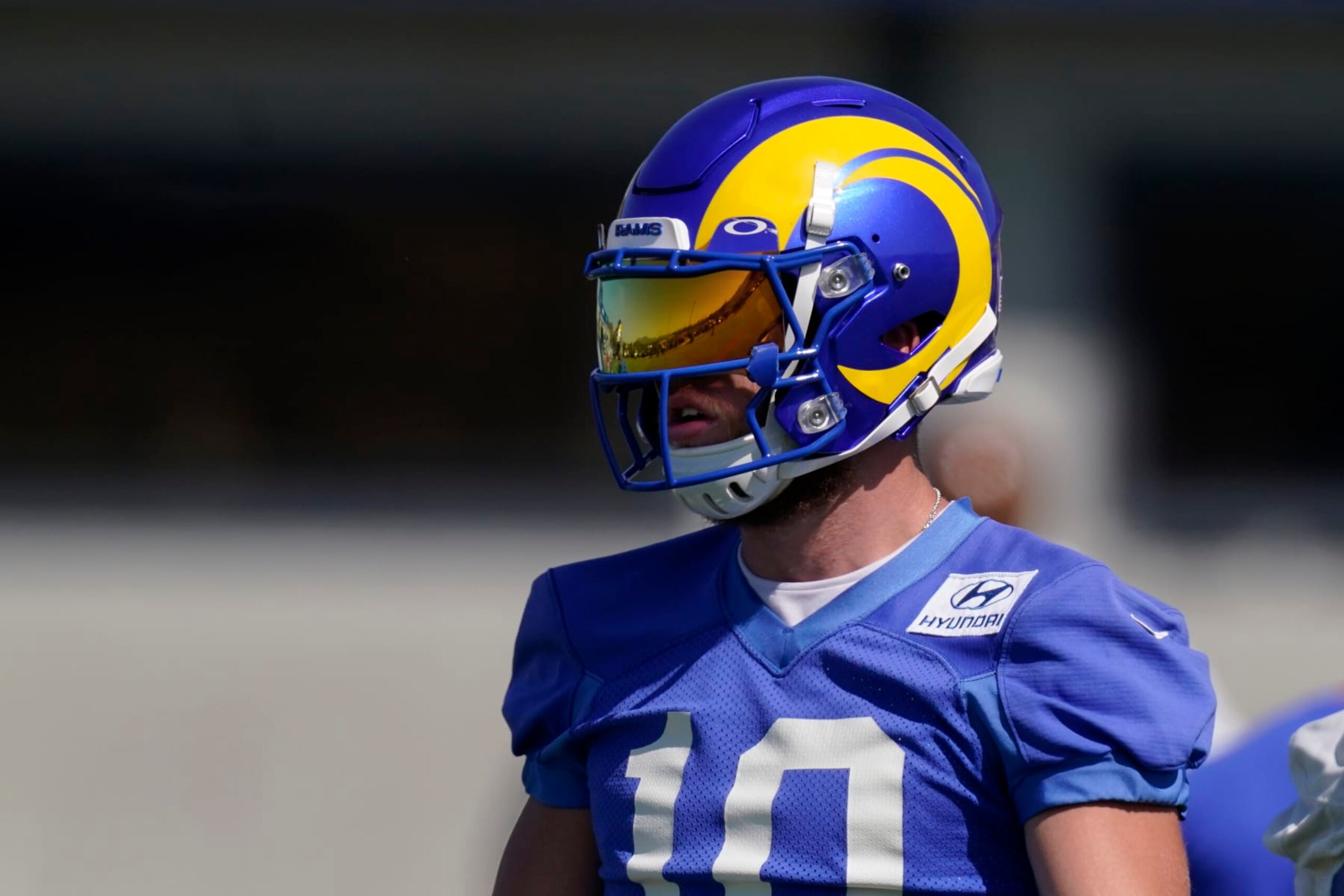 Los Angeles Rams wide receiver Cooper Kupp stands on the field during an NFL mini camp football practice Tuesday, June 7, 2022, in Thousand Oaks, Calif. (AP Photo/Mark J. Terrill)