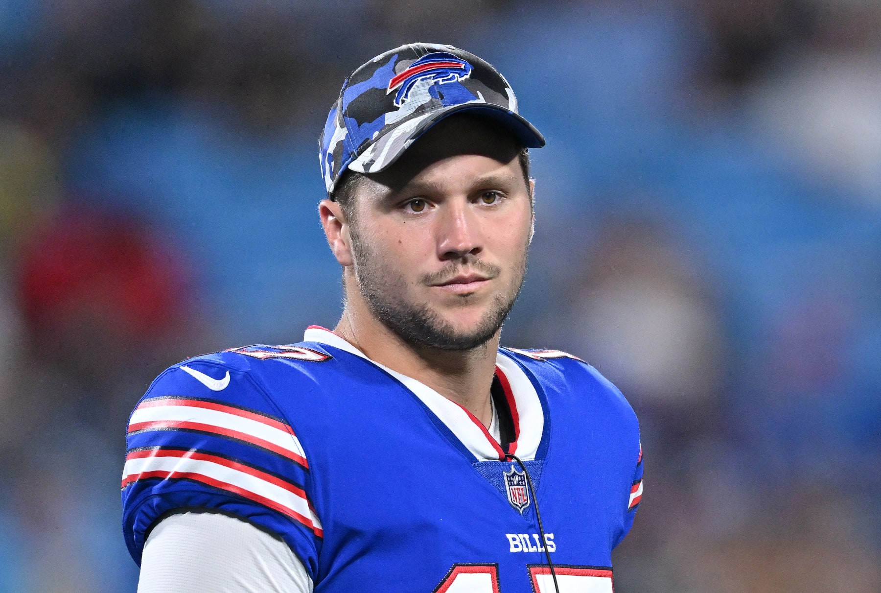 CHARLOTTE, NORTH CAROLINA - AUGUST 26:  Josh Allen #17 of the Buffalo Bills looks on during the third quarter of a preseason game against the Carolina Panthers at Bank of America Stadium on August 26, 2022 in Charlotte, North Carolina. (Photo by Grant Halverson/Getty Images)