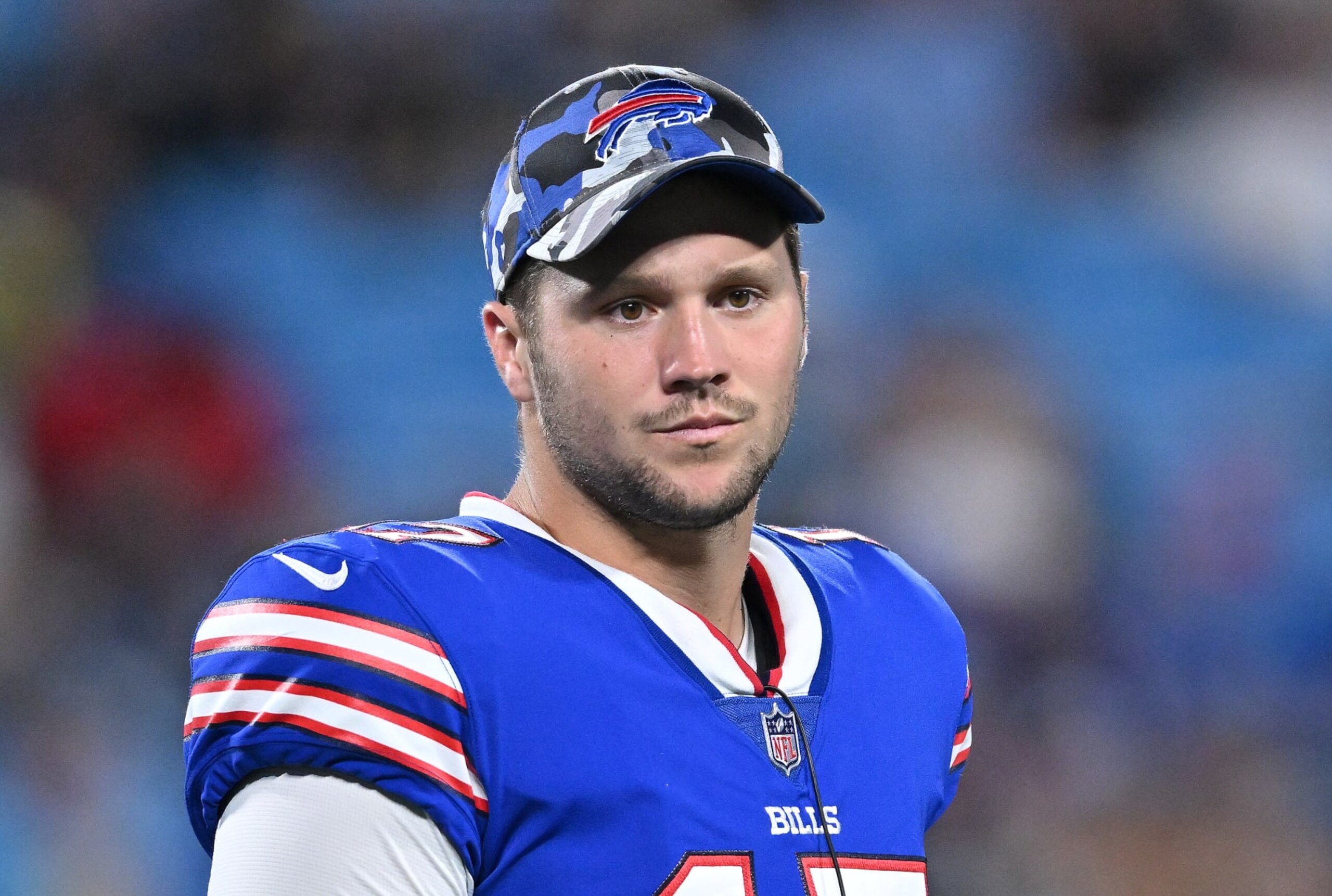 CHARLOTTE, NORTH CAROLINA - AUGUST 26:  Josh Allen #17 of the Buffalo Bills looks on during the third quarter of a preseason game against the Carolina Panthers at Bank of America Stadium on August 26, 2022 in Charlotte, North Carolina. (Photo by Grant Halverson/Getty Images)