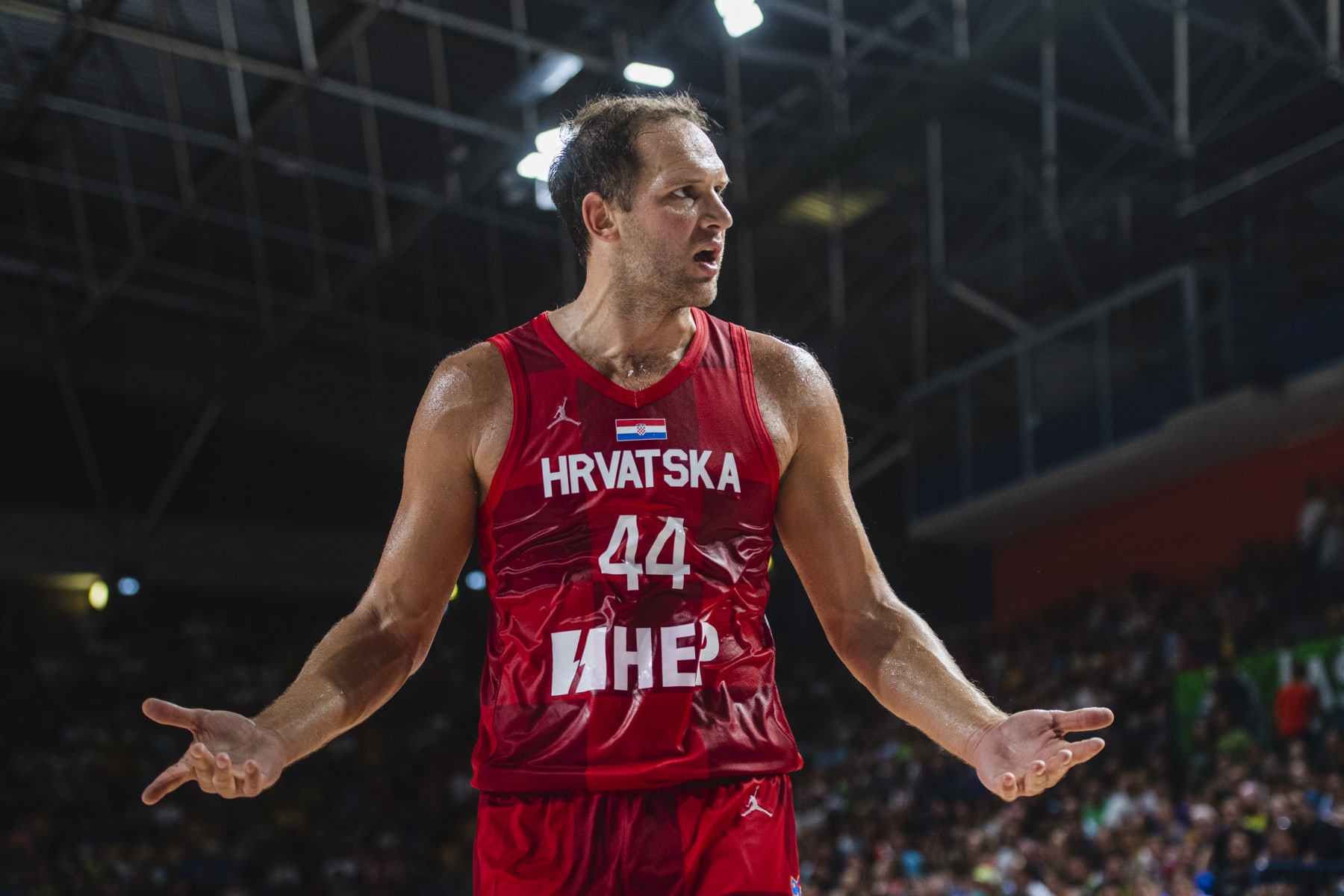 CELJE, SLOVENIA - AUGUST 20: Bojan Bogdanovic of Croatia reacts during the basketball friendly match between Slovenia and Croatia in Dvorak Zlatorog hall on August 20, 2022 in Celje, Slovenia. (Photo by Jurij Kodrun/Getty Images)