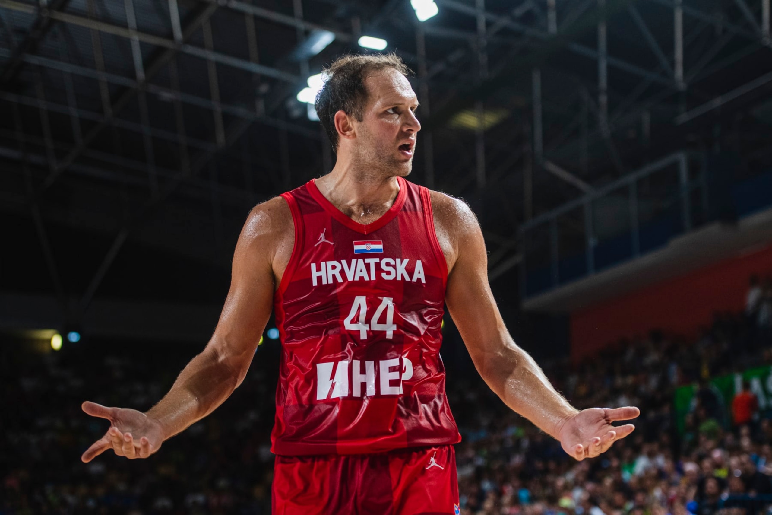 CELJE, SLOVENIA - AUGUST 20: Bojan Bogdanovic of Croatia reacts during the basketball friendly match between Slovenia and Croatia in Dvorak Zlatorog hall on August 20, 2022 in Celje, Slovenia. (Photo by Jurij Kodrun/Getty Images)