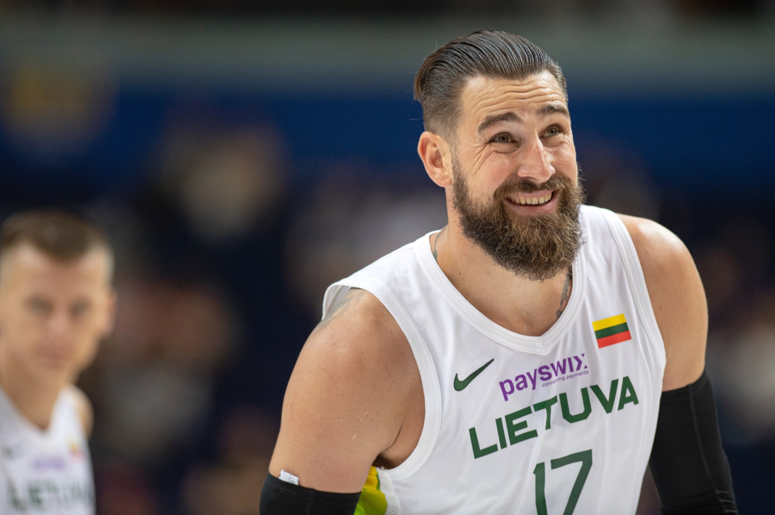 Jonas Valanciunas of Lithuania reacts during the preparation basketball match of the FIBA European Championship 2022 between Lithuania and Finland in Vilnius, Lithuania, on Aug. 11, 2022. (Photo by Alfredas Pliadis/Xinhua via Getty Images)