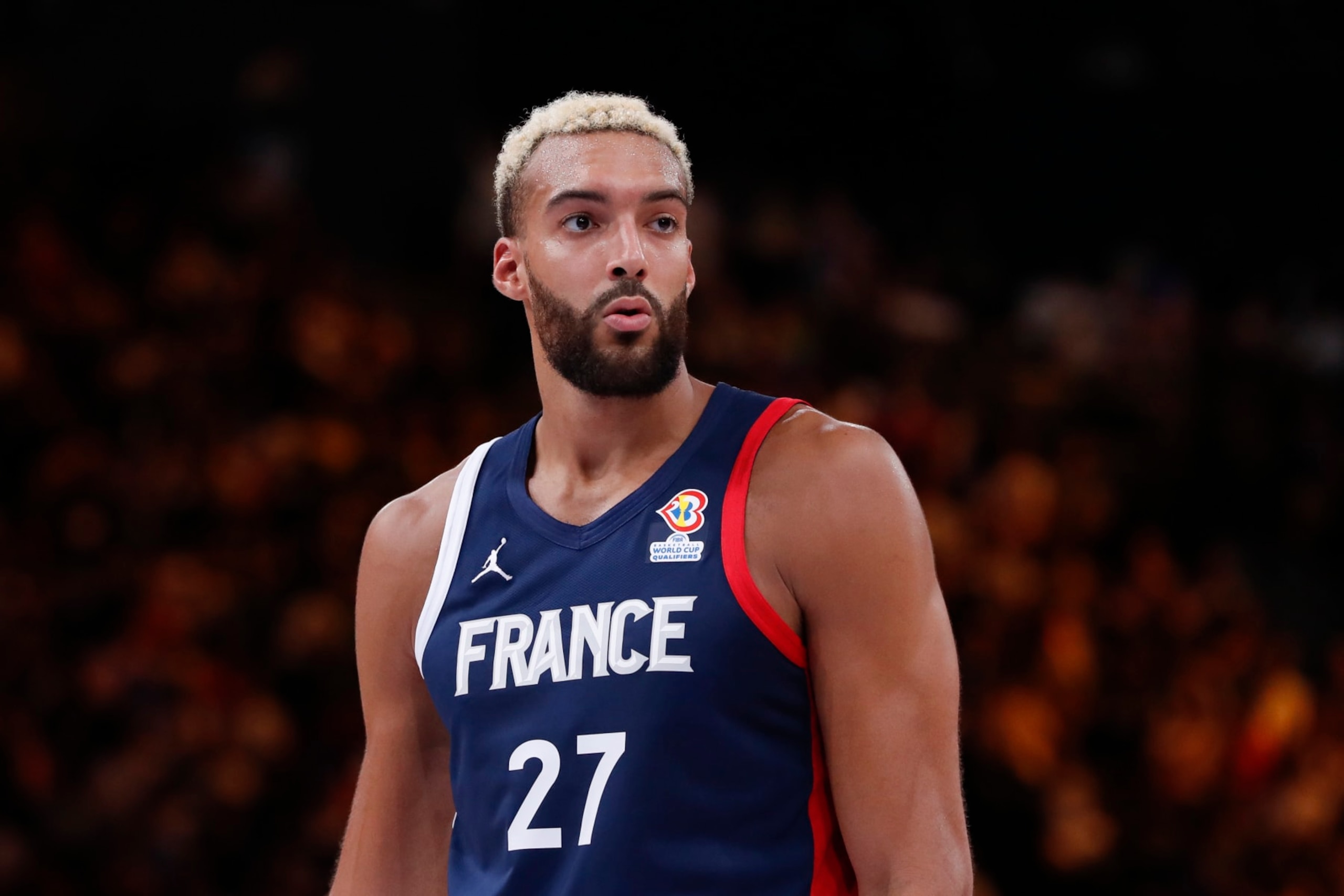 PARIS, FRANCE - AUGUST 24: Rudy Gobert #27 of France looks on during the FIBA Basketball World Cup European Qualifiers match between France and Czech Republic at Accor Arena on August 24, 2022 in Paris, France. (Photo by Catherine Steenkeste/Getty Images)