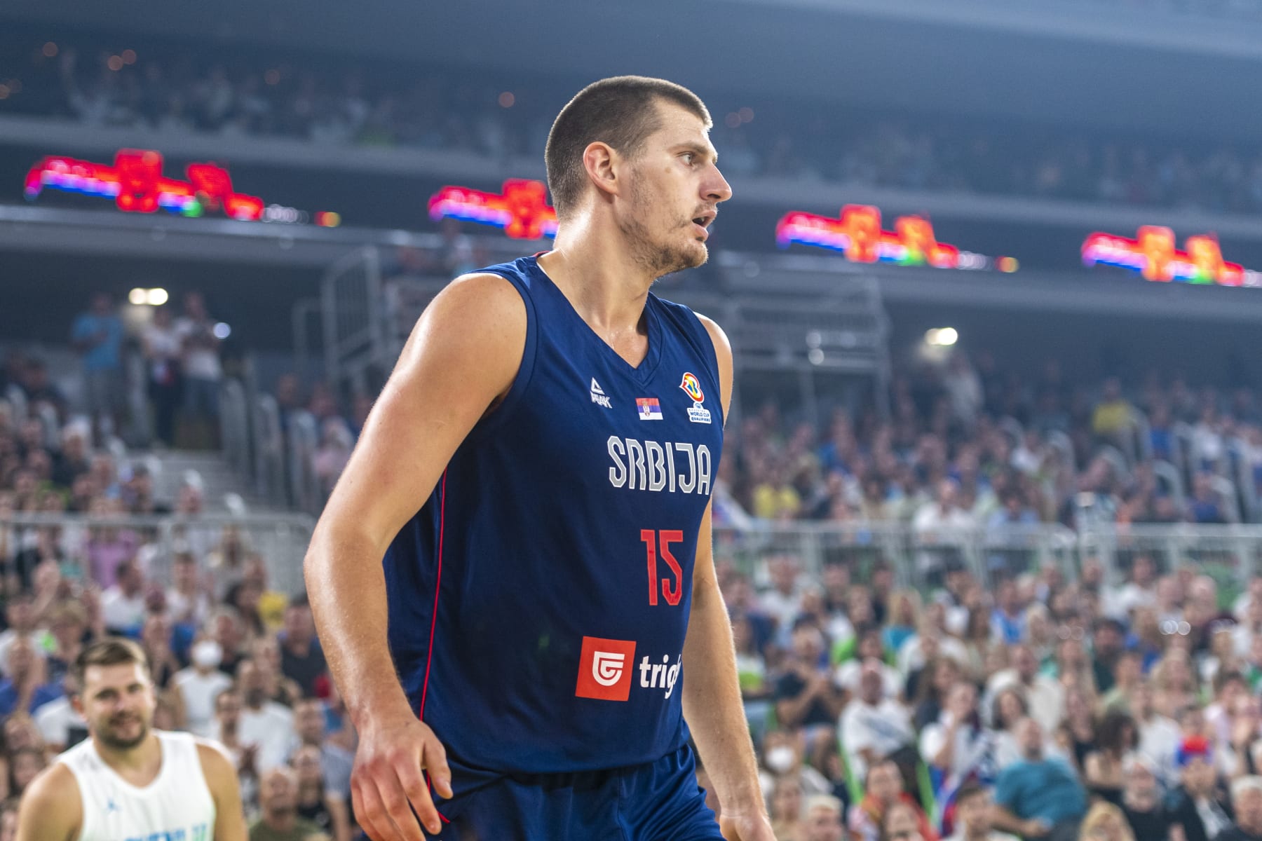 LJUBLJANA, SLOVENIA - AUGUST 17: Nikola Jokic of Serbia reacts during the basketball friendly match between Slovenia and Serbia in Arena Stozice, on August 17, 2022 in Ljubljana, Slovenia. (Photo by Jurij Kodrun/Getty Images)
