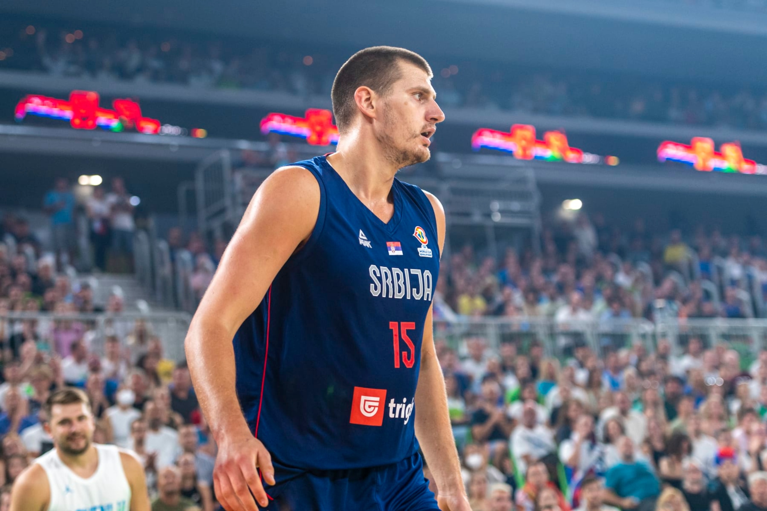 LJUBLJANA, SLOVENIA - AUGUST 17: Nikola Jokic of Serbia reacts during the basketball friendly match between Slovenia and Serbia in Arena Stozice, on August 17, 2022 in Ljubljana, Slovenia. (Photo by Jurij Kodrun/Getty Images)