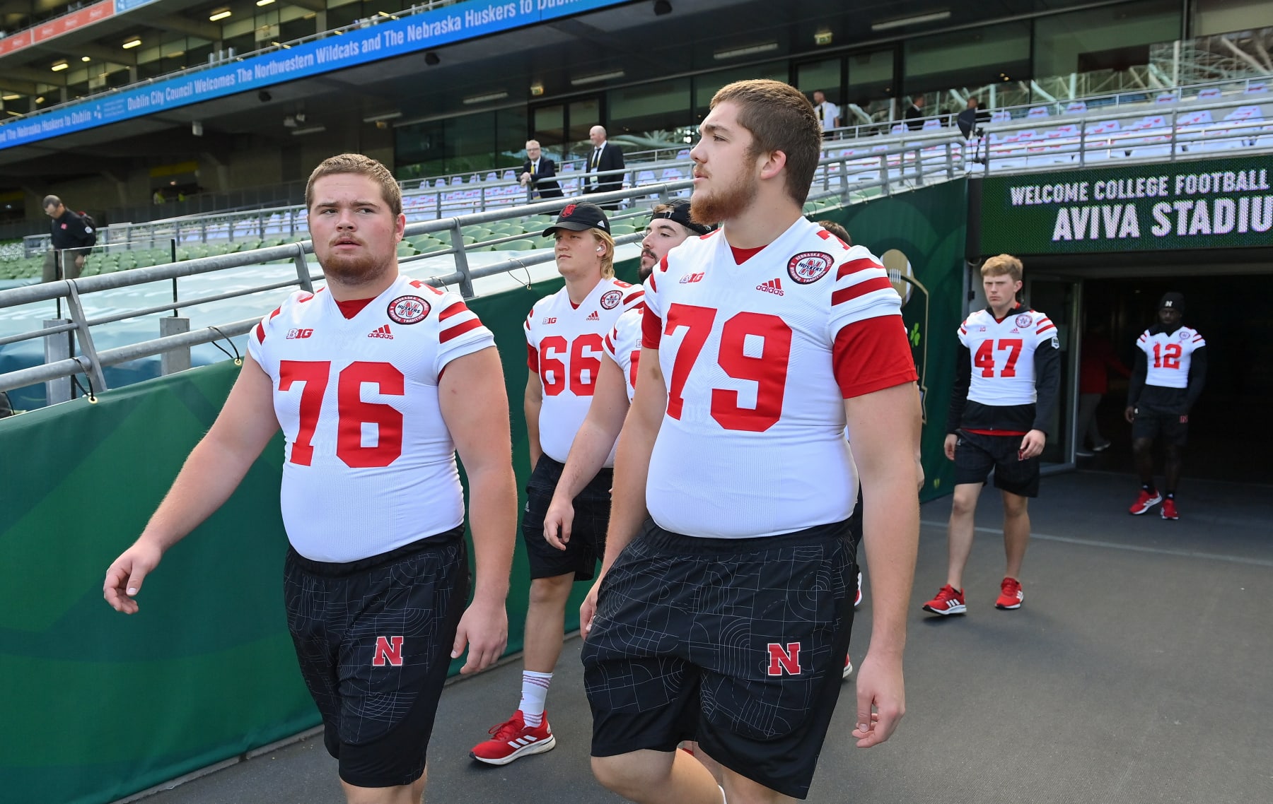 Dublin , Ireland - 27 August 2022; Nebraska Cornhuskers offensive linemen Beau Schaller and Alex Conn before the Aer Lingus College Football Classic 2022 match between Northwestern Wildcats and Nebraska Cornhuskers at Aviva Stadium in Dublin. (Photo By Brendan Moran/Sportsfile via Getty Images) Dublin , Ireland - 27 August 2022; Nebraska Cornhuskers offensive linemen Beau Schaller and Alex Conn before the Aer Lingus College Football Classic 2022 match between Northwestern Wildcats and Nebraska Cornhuskers at Aviva Stadium in Dublin. (Photo By Brendan Moran/Sportsfile via Getty Images)