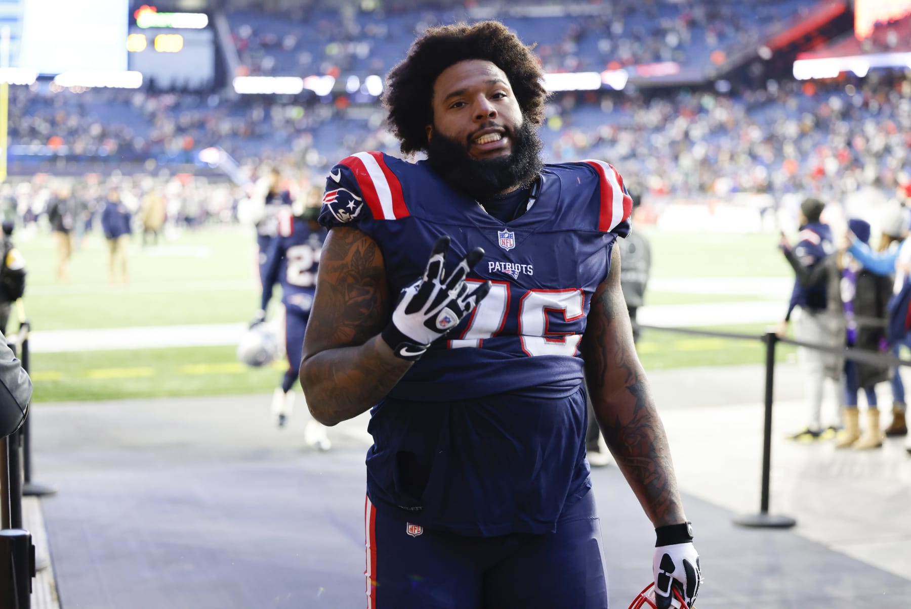 FOXBOROUGH, MA - NOVEMBER 28: New England Patriots offensive guard Isaiah Wynn (76) after a game between the New England Patriots and the Tennessee Titans on November 28, 2021, at Gillette Stadium in Foxborough, Massachusetts. (Photo by Fred Kfoury III/Icon Sportswire via Getty Images)