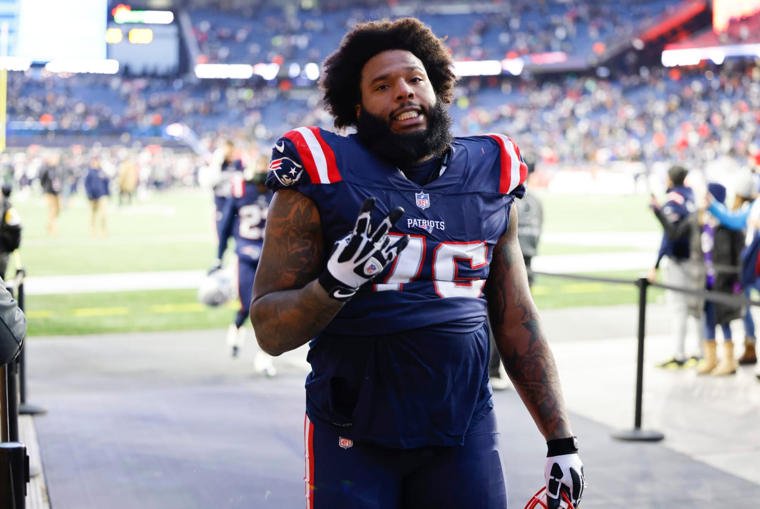 FOXBOROUGH, MA - NOVEMBER 28: New England Patriots offensive guard Isaiah Wynn (76) after a game between the New England Patriots and the Tennessee Titans on November 28, 2021, at Gillette Stadium in Foxborough, Massachusetts. (Photo by Fred Kfoury III/Icon Sportswire via Getty Images) FOXBOROUGH, MA - NOVEMBER 28: New England Patriots offensive guard Isaiah Wynn (76) after a game between the New England Patriots and the Tennessee Titans on November 28, 2021, at Gillette Stadium in Foxborough, Massachusetts. (Photo by Fred Kfoury III/Icon Sportswire via Getty Images)