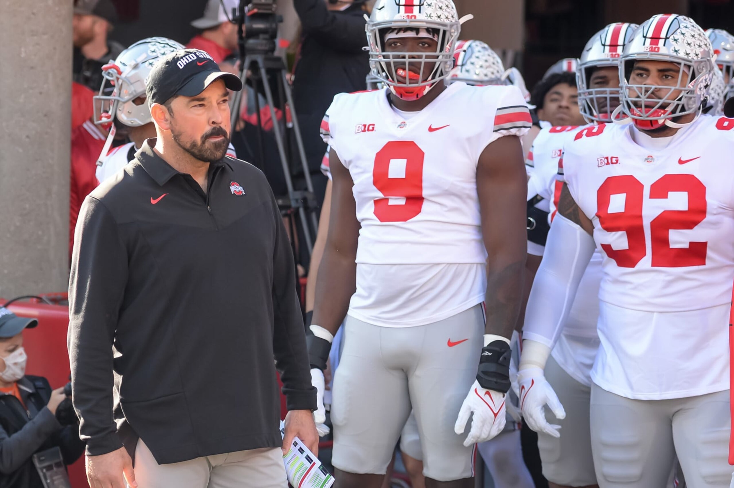 LINCOLN, NE - NOVEMBER 6: Head coach Ryan Day of the Ohio State Buckeyes prepares to take the field before the game against the Nebraska Cornhuskers at Memorial Stadium on November 6, 2021 in Lincoln, Nebraska. (Photo by Steven Branscombe/Getty Images)