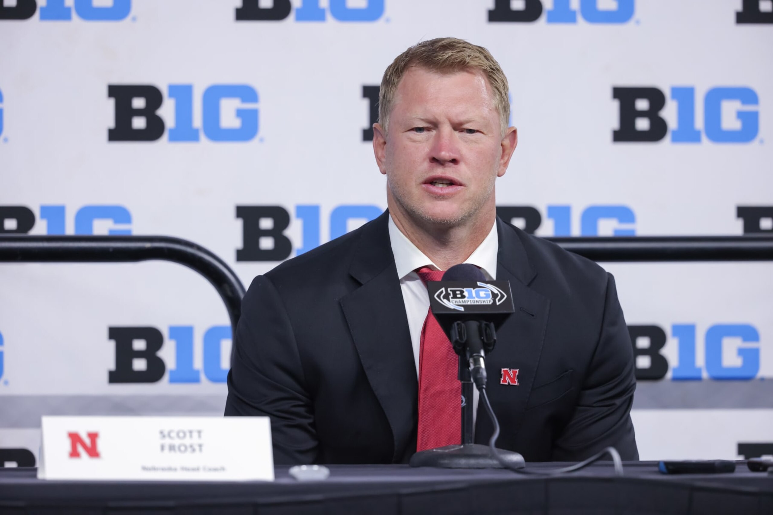 INDIANAPOLIS, IN - JULY 26: Scott Frost, head coach of the Nebraska Cornhuskers speaks during the 2022 Big Ten Conference Football Media Days at Lucas Oil Stadium on July 26, 2022 in Indianapolis, Indiana. (Photo by Michael Hickey/Getty Images)