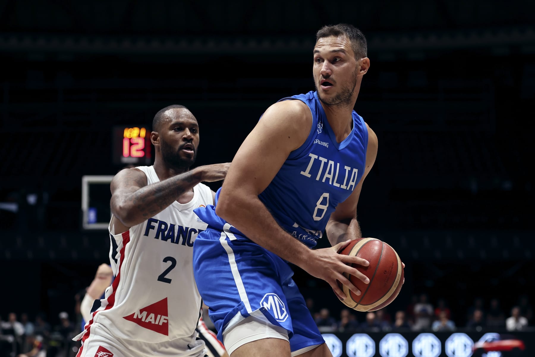 BOLOGNA, ITALY - AUGUST 12: Danilo Gallinari #8 of Italy in action during the basketball International Friendly match between Italy and France at Unipol Arena on August 12, 2022 in Bologna, Italy. (Photo by Giuseppe Cottini/Getty Images)