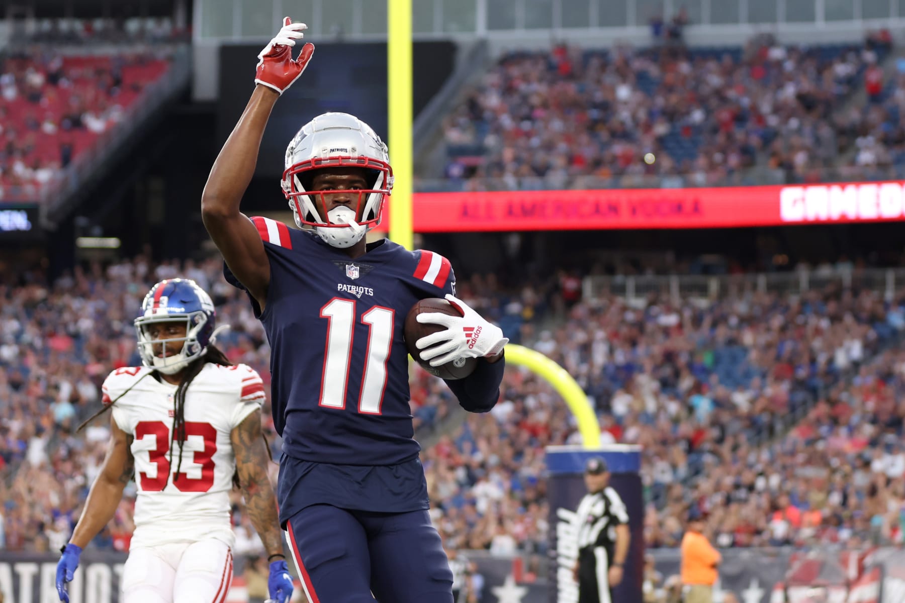 FOXBOROUGH, MASSACHUSETTS - AUGUST 11: Tyquan Thornton #11 of the New England Patriots celebrates after scoring a touchdown during the preseason game between the New York Giants and the New England Patriots at Gillette Stadium on August 11, 2022 in Foxborough, Massachusetts. (Photo by Maddie Meyer/Getty Images)