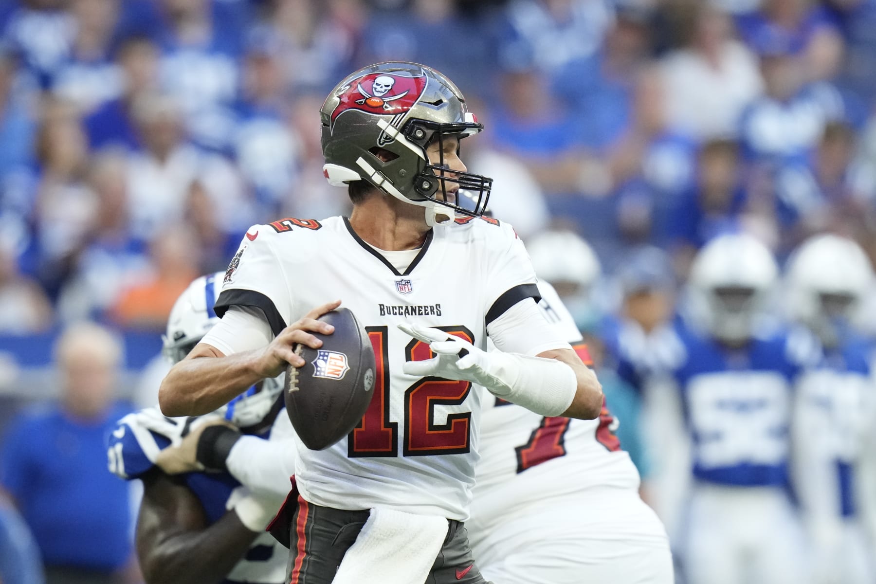 Tampa Bay Buccaneers quarterback Tom Brady (12) throws in the first half of an NFL preseason preseason football game against the Indianapolis Colts in Indianapolis, Saturday, Aug. 27, 2022. (AP Photo/AJ Mast)