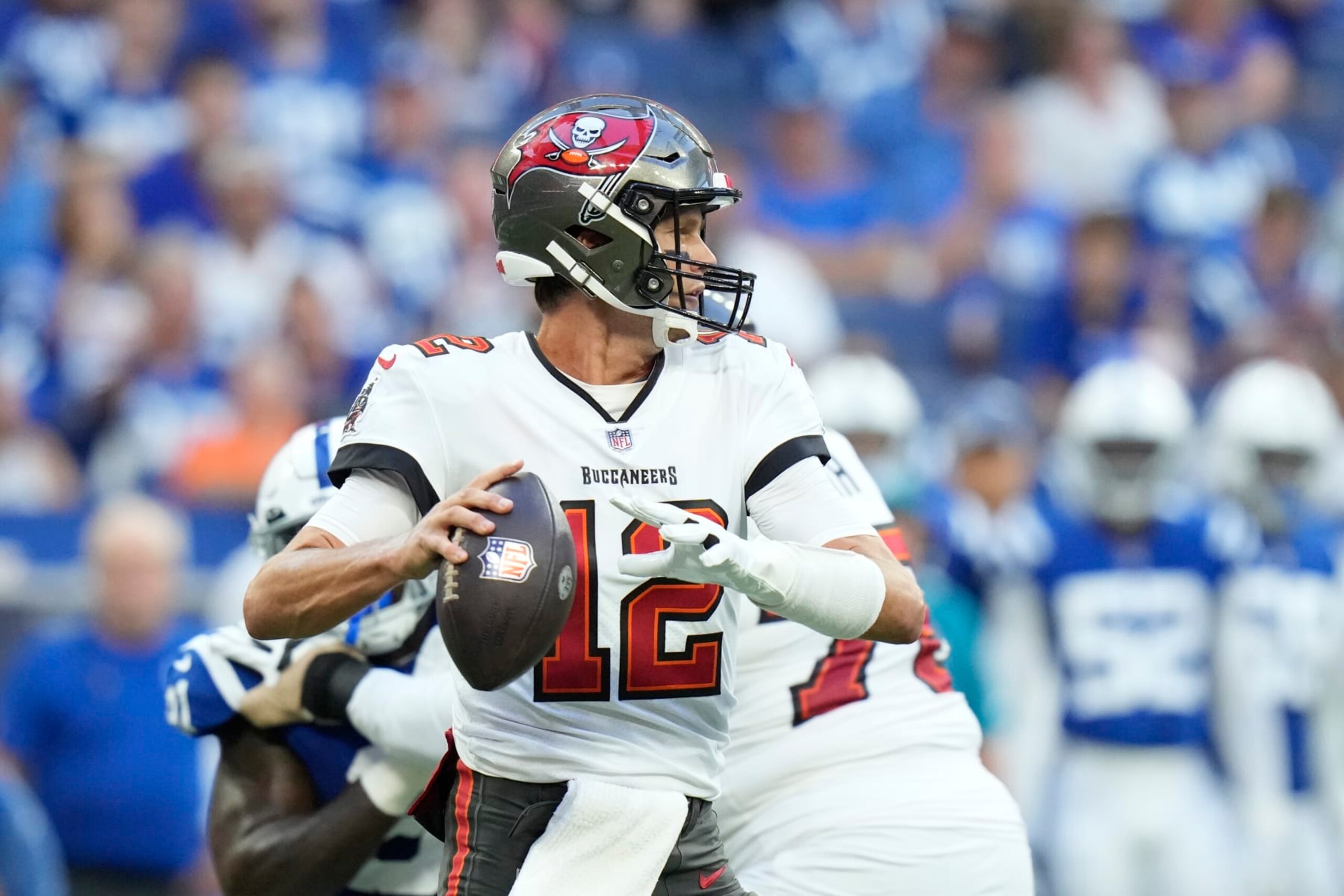 Tampa Bay Buccaneers quarterback Tom Brady (12) throws in the first half of an NFL preseason preseason football game against the Indianapolis Colts in Indianapolis, Saturday, Aug. 27, 2022. (AP Photo/AJ Mast)