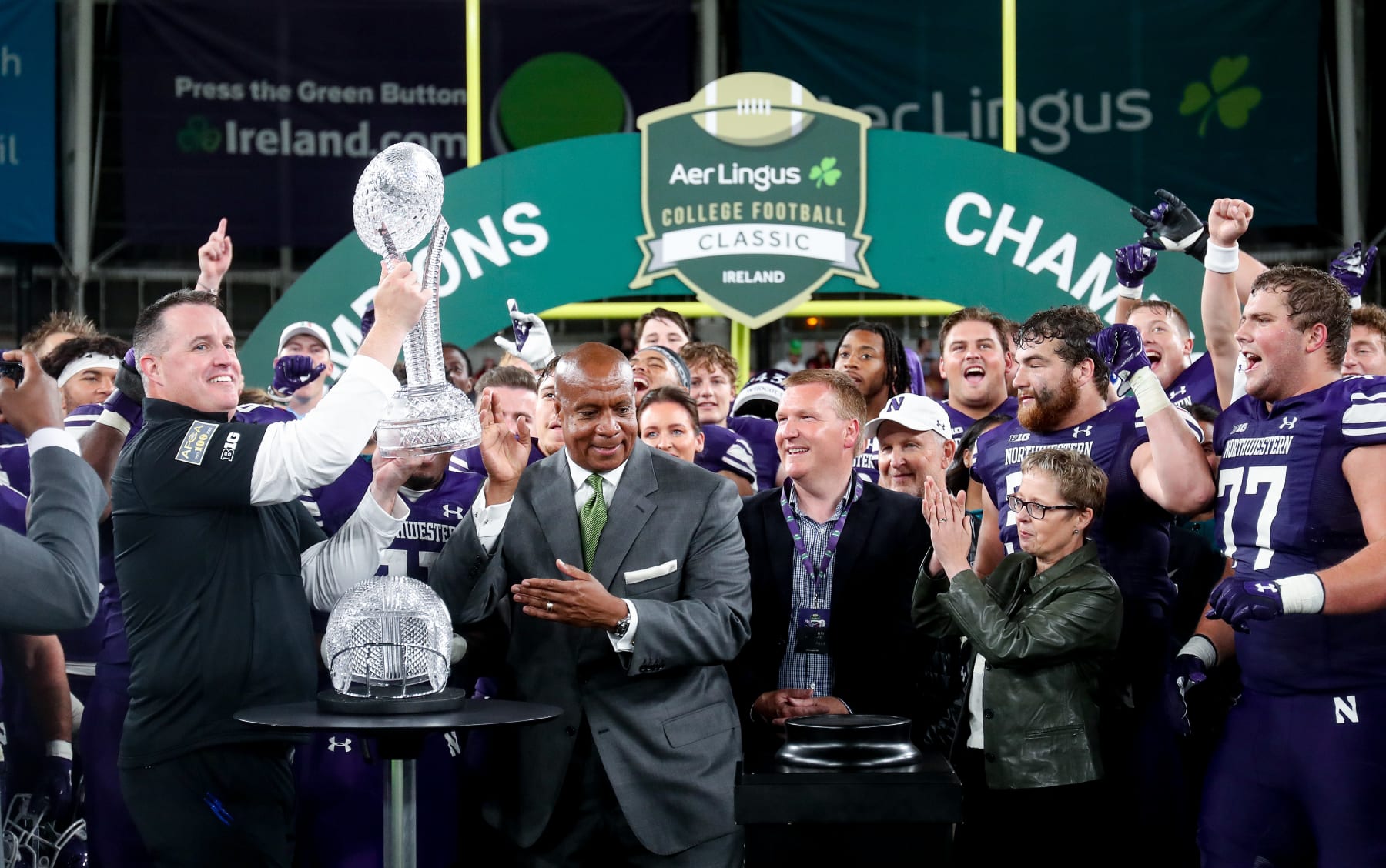 DUBLIN, IRELAND - AUGUST 27: Northwestern Wildcats head coach, Pat Fitzgerald is presented with the trophy after the the Aer Lingus College Football Classic 2022 match between Northwestern Wildcats and Nebraska Cornhuskers at Aviva Stadium on August 27, 2022 in Dublin, Ireland. (Photo by Oisin Keniry/Getty Images)