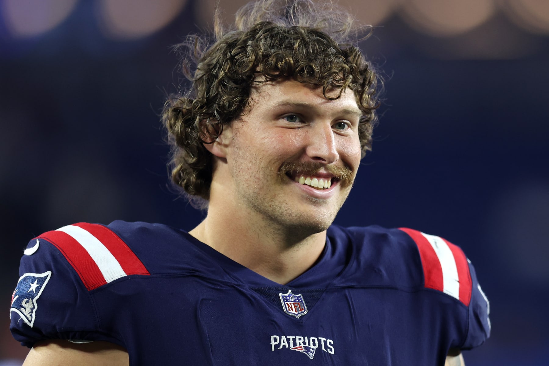 FOXBOROUGH, MASSACHUSETTS - AUGUST 19: Cole Strange #69 of the New England Patriots looks on after the preseason game between the New England Patriots and the Carolina Panthers at Gillette Stadium on August 19, 2022 in Foxborough, Massachusetts. (Photo by Maddie Meyer/Getty Images)