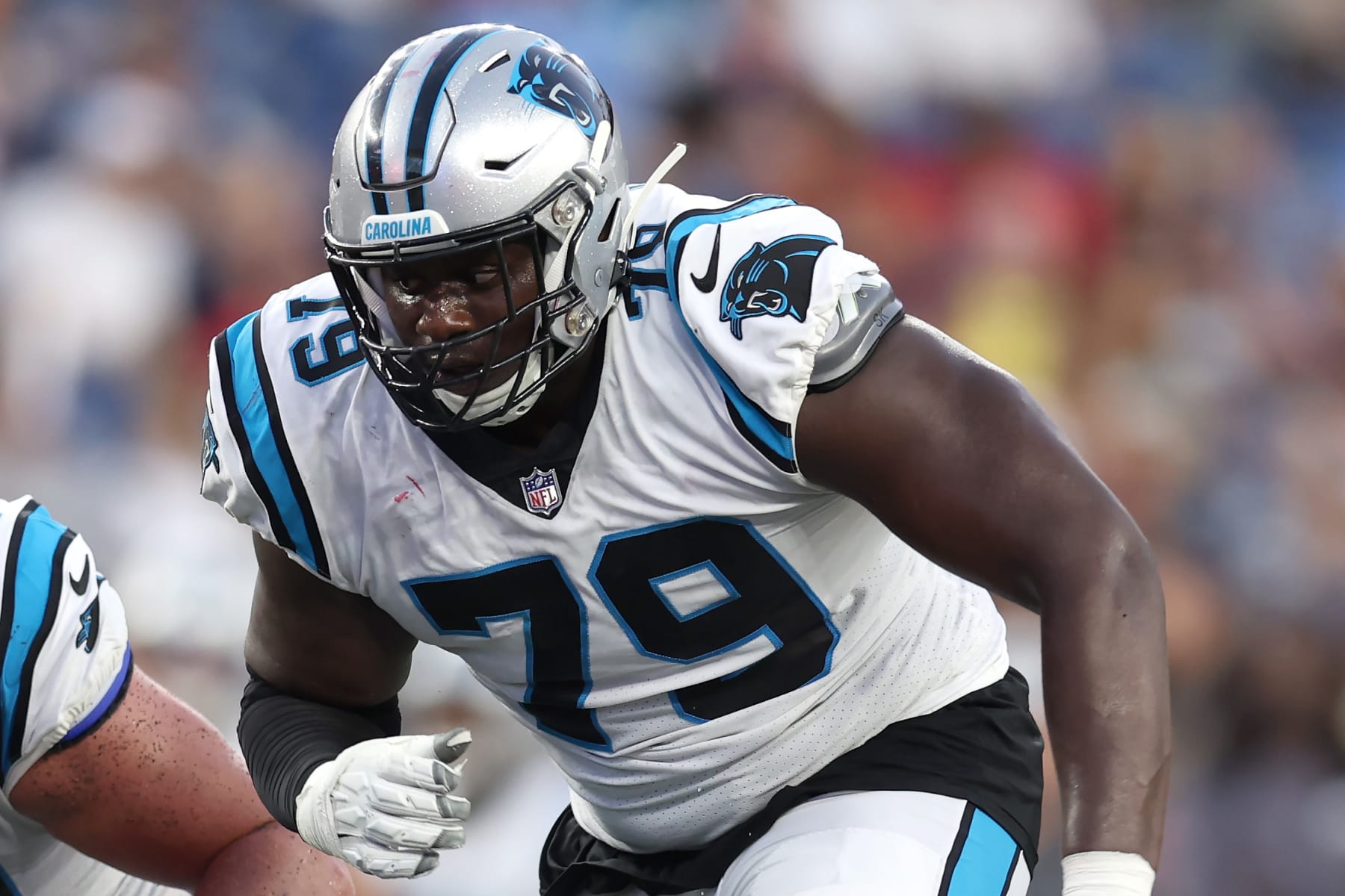 FOXBOROUGH, MASSACHUSETTS - AUGUST 19: Ikem Ekwonu #79 of the Carolina Panthers looks on during the preseason game between the New England Patriots and the Carolina Panthers at Gillette Stadium on August 19, 2022 in Foxborough, Massachusetts. (Photo by Maddie Meyer/Getty Images)