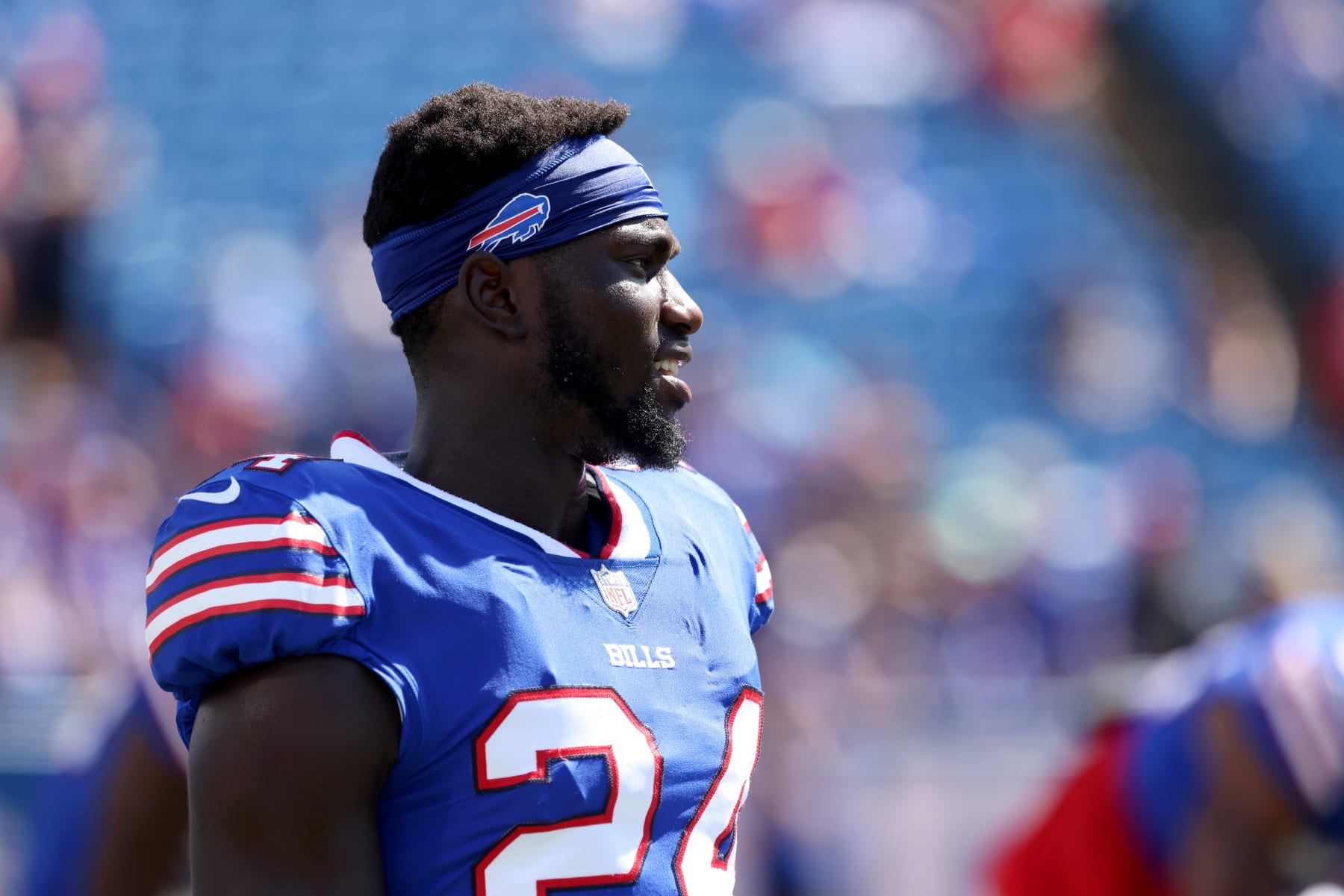 ORCHARD PARK, NEW YORK - AUGUST 13: Kaiir Elam #24 of the Buffalo Bills warms up prior to a preseason game against the Indianapolis Colts at Highmark Stadium on August 13, 2022 in Orchard Park, New York. (Photo by Bryan M. Bennett/Getty Images)