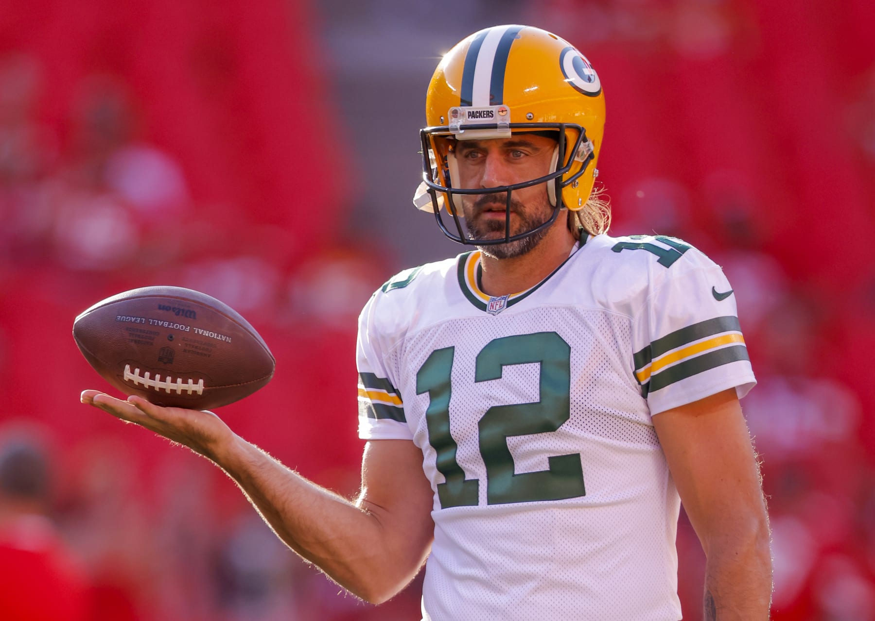 KANSAS CITY, MO - AUGUST 25: Aaron Rodgers #12 of the Green Bay Packers participates in pregame warmups prior to the preseason game against the Kansas City Chiefs at Arrowhead Stadium on August 25, 2022 in Kansas City, Missouri. (Photo by David Eulitt/Getty Images)