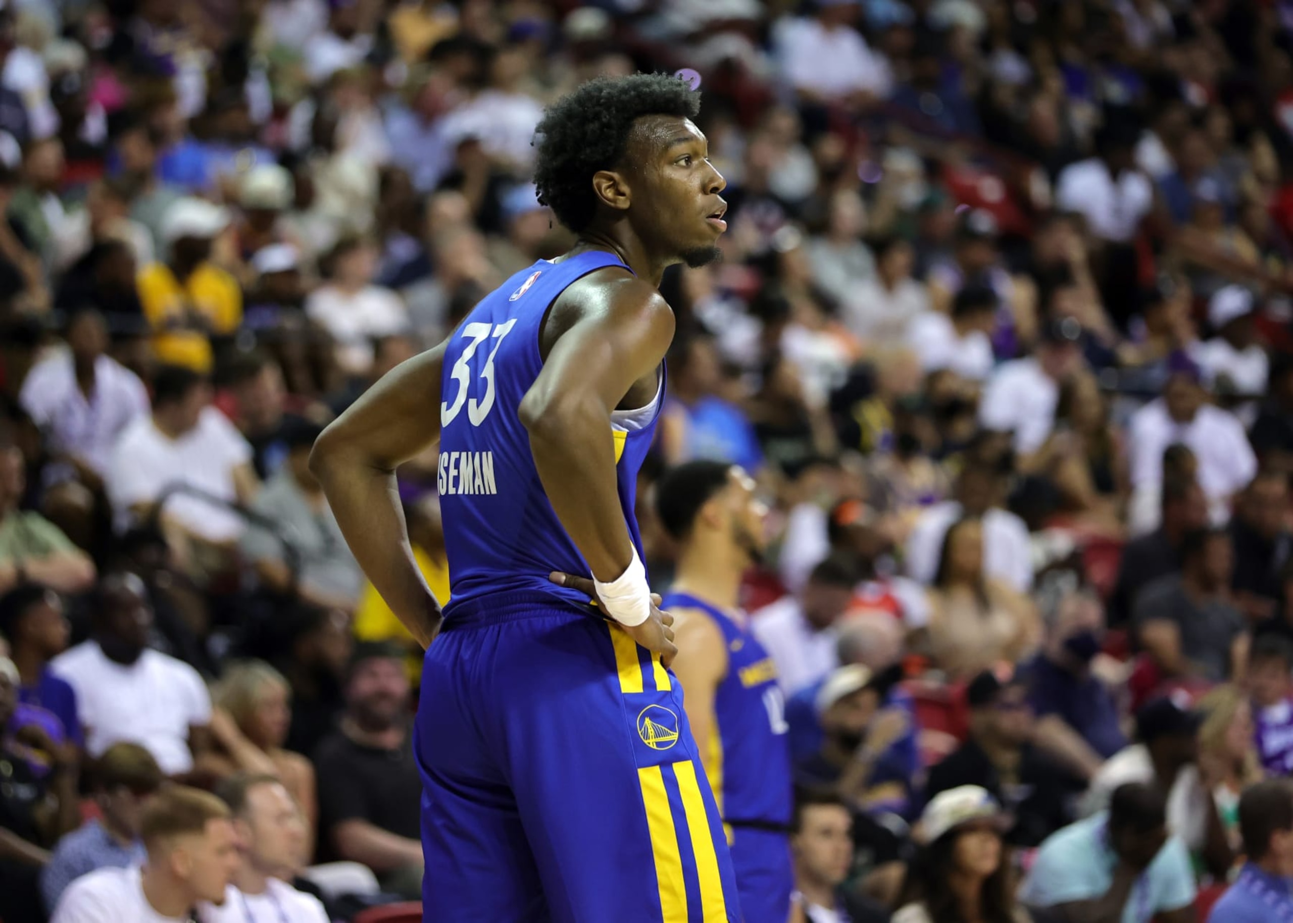 LAS VEGAS, NEVADA - JULY 10: James Wiseman #33 of the Golden State Warriors stands on the court during a break in a game against the San Antonio Spurs during the 2022 NBA Summer League at the Thomas & Mack Center on July 10, 2022 in Las Vegas, Nevada. NOTE TO USER: User expressly acknowledges and agrees that, by downloading and or using this photograph, User is consenting to the terms and conditions of the Getty Images License Agreement. (Photo by Ethan Miller/Getty Images) LAS VEGAS, NEVADA - JULY 10: James Wiseman #33 of the Golden State Warriors stands on the court during a break in a game against the San Antonio Spurs during the 2022 NBA Summer League at the Thomas & Mack Center on July 10, 2022 in Las Vegas, Nevada. NOTE TO USER: User expressly acknowledges and agrees that, by downloading and or using this photograph, User is consenting to the terms and conditions of the Getty Images License Agreement. (Photo by Ethan Miller/Getty Images)